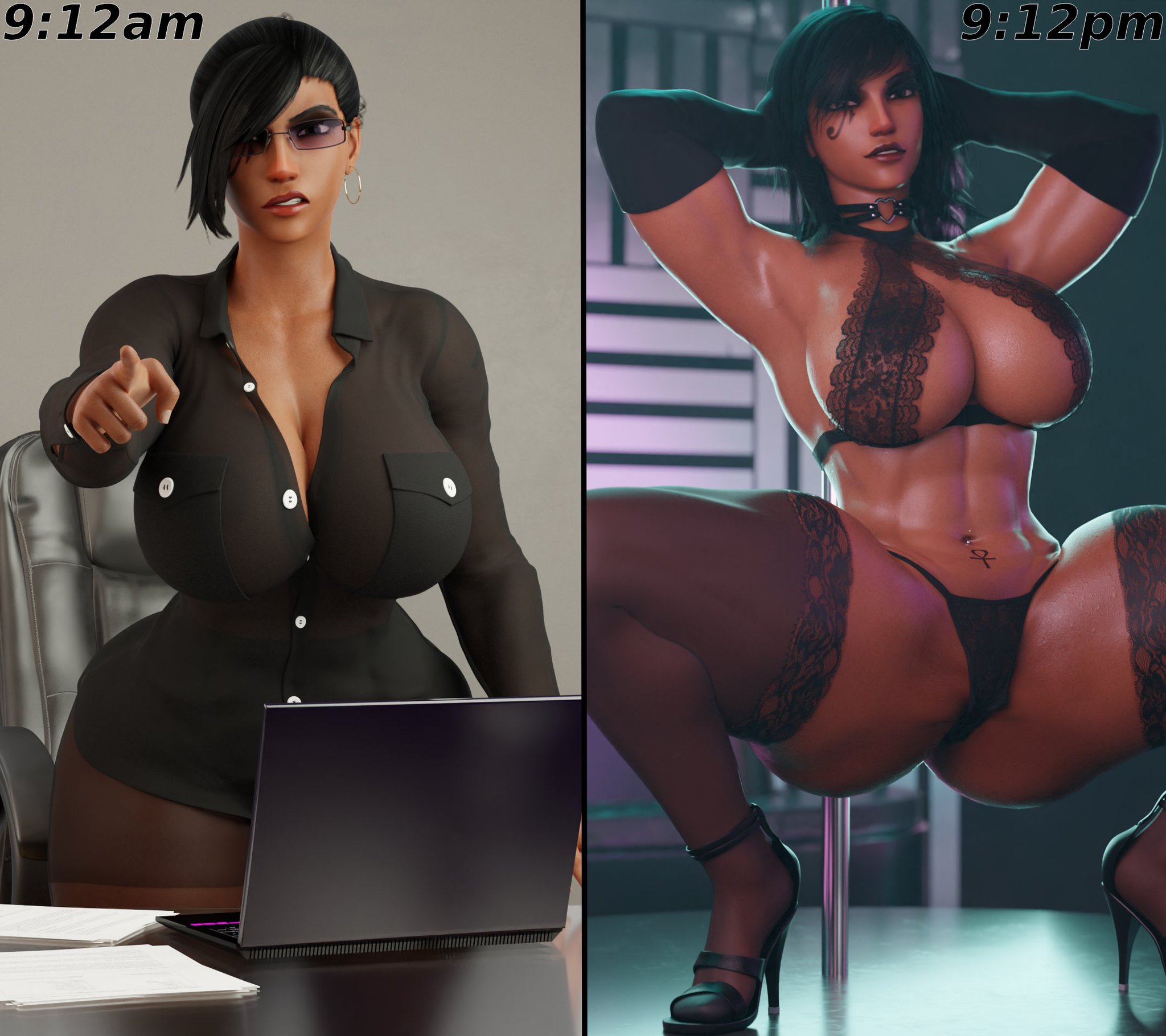 1girls, 3d, activision, ass, athletic, athletic female, before and after, big ass, big breasts, black hair, blender, blizzard entertainment, breasts, brown body, brown eyes, brown hair, brown skin, brown-skinned female, busty, cleavage, dark skin, dark-skinned female, egyptian, egyptian female, fareeha amari, female, female focus, fit, fit female, heels, high heels, hips, huge breasts, human, kaylzara, lace, large ass, large breasts, legs, lingerie, lips, makeup, middle eastern, middle eastern female, muscular, muscular female, office, office lady, olive skin, open legs, overwatch, overwatch 2, pantyhose, pharah, pole, pole dancing, solo, stockings, thick, thick ass, thick legs, thick thighs, thighs, toned, toned female, upper body, waist, wide hips