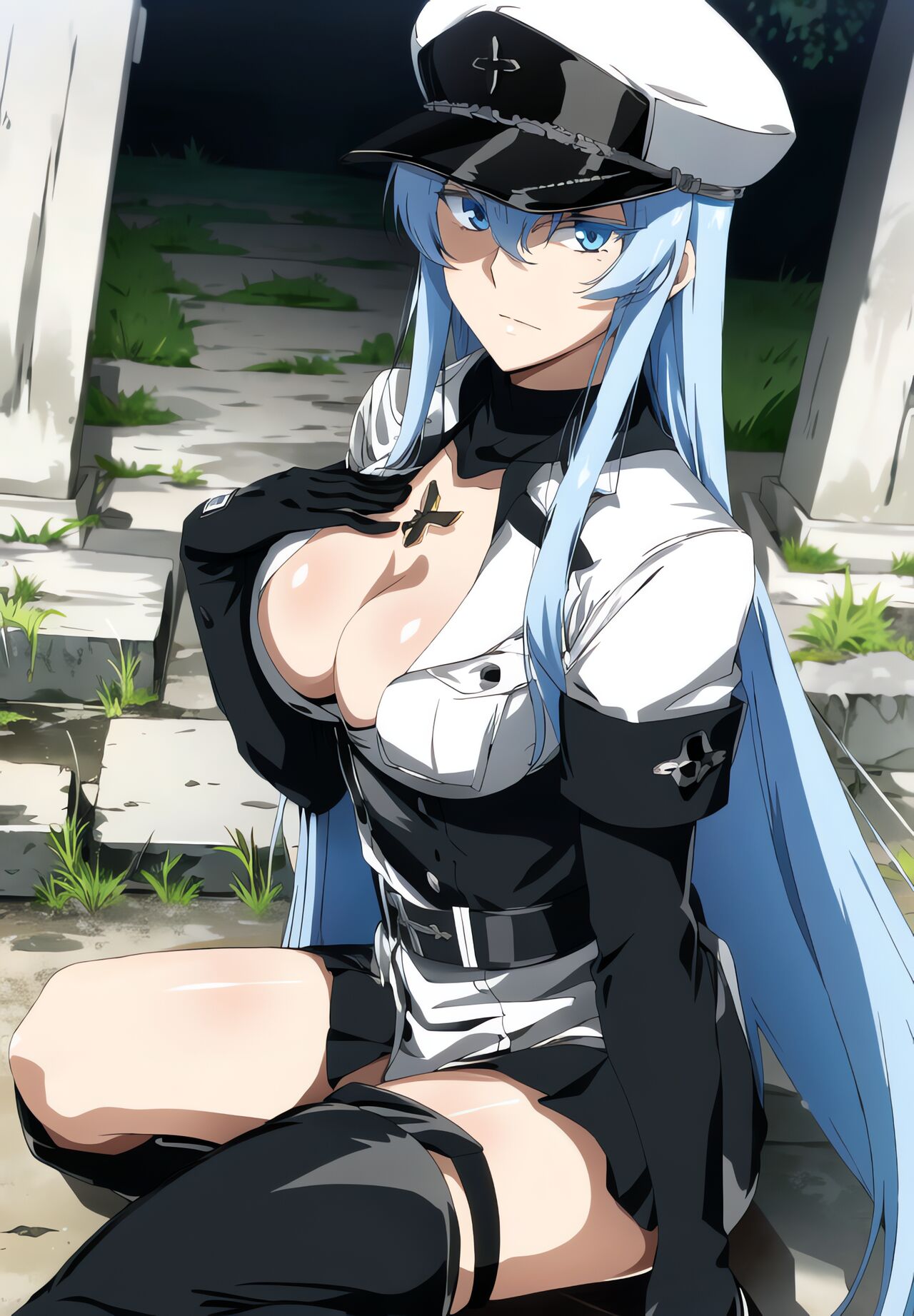 1girls, ai generated, akame ga kill!, alluring, beach, big breasts, bikini, black hair, breasts, cleavage, esdeath (akame ga kill!), female, female only, joker (artist), solo