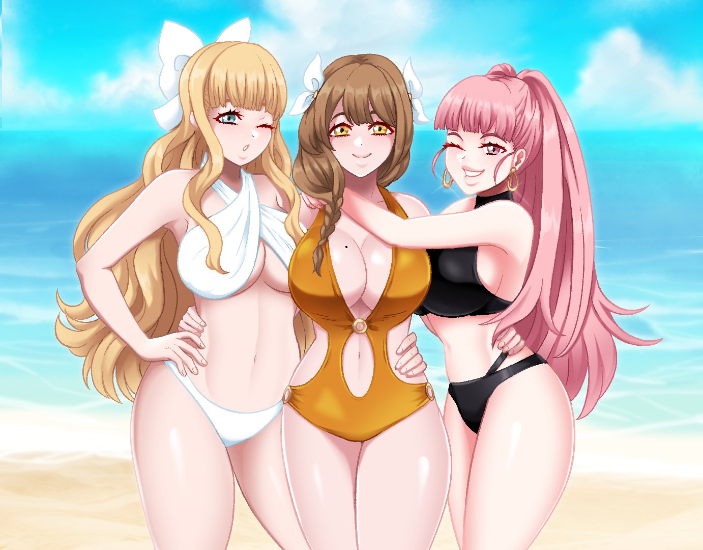 3girls, alternate costume, bikini, black bikini, black swimsuit, blonde hair, breasts, brown hair, center opening, charlotte (fire emblem), cleavage, female, female only, fire emblem, fire emblem engage, fire emblem fates, fire emblem: three houses, goldmary (fire emblem), hilda valentine goneril, hug, incognigoat, long hair, navel, navel cutout, nintendo, one-piece swimsuit, pink hair, ponytail, swimsuit, very long hair, white bikini, white swimsuit, yellow one-piece swimsuit, yellow swimsuit