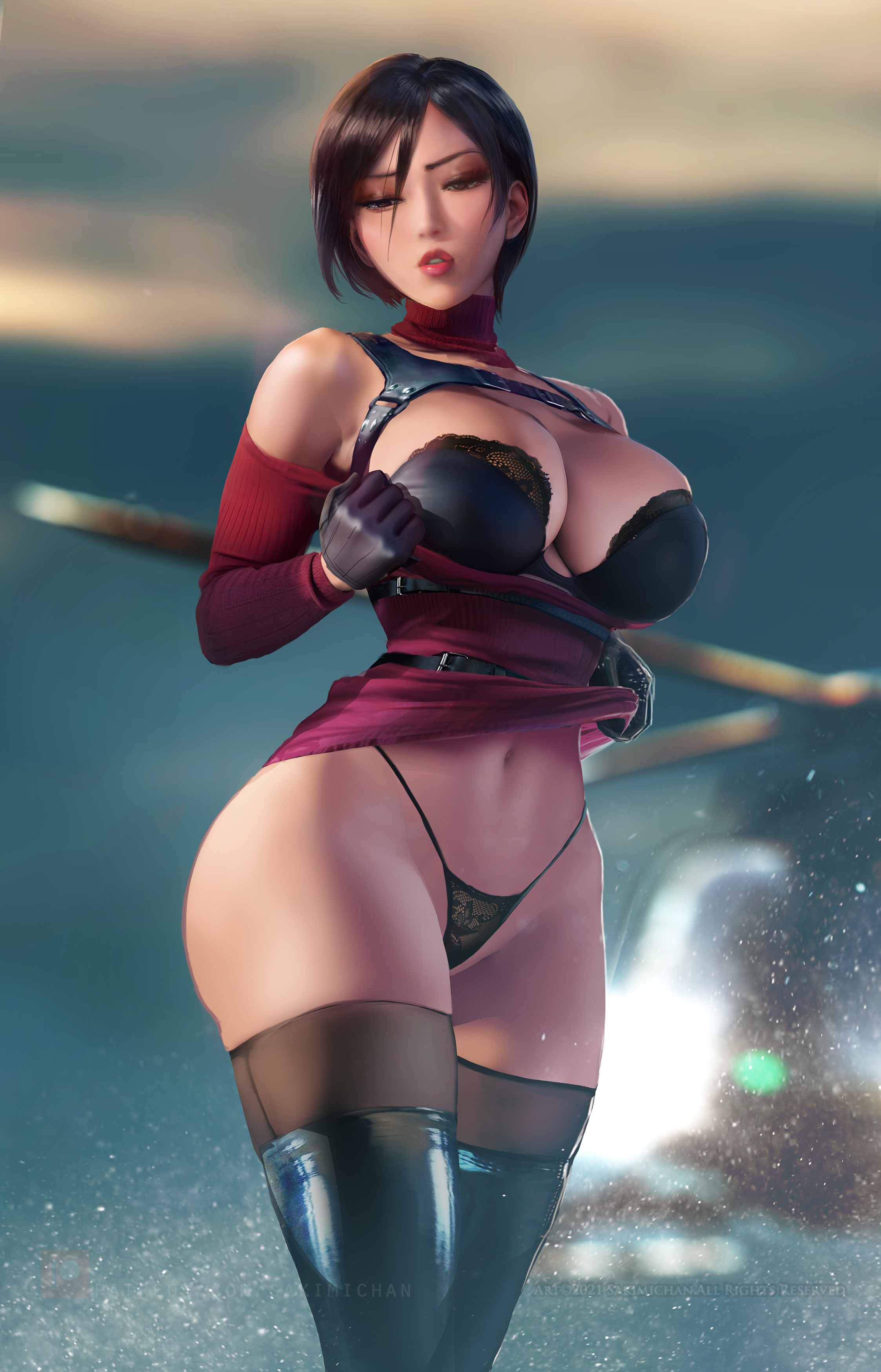 ada wong, aroused, aroused female, big breasts, biohazard, black g-string, black gloves, black panties, black thong panties, black underwear, breasts, capcom, female, g-string, gloves, horny, horny female, hourglass figure, lace bra, lace-trimmed panties, leather gloves, looking at penis, male, panties, penis, resident evil, resident evil 4, resident evil 4 remake, sakimichan, staring at penis, sweater, sweater dress, thick thighs, thigh boots, thighhigh boots, thong, thong panties, underwear