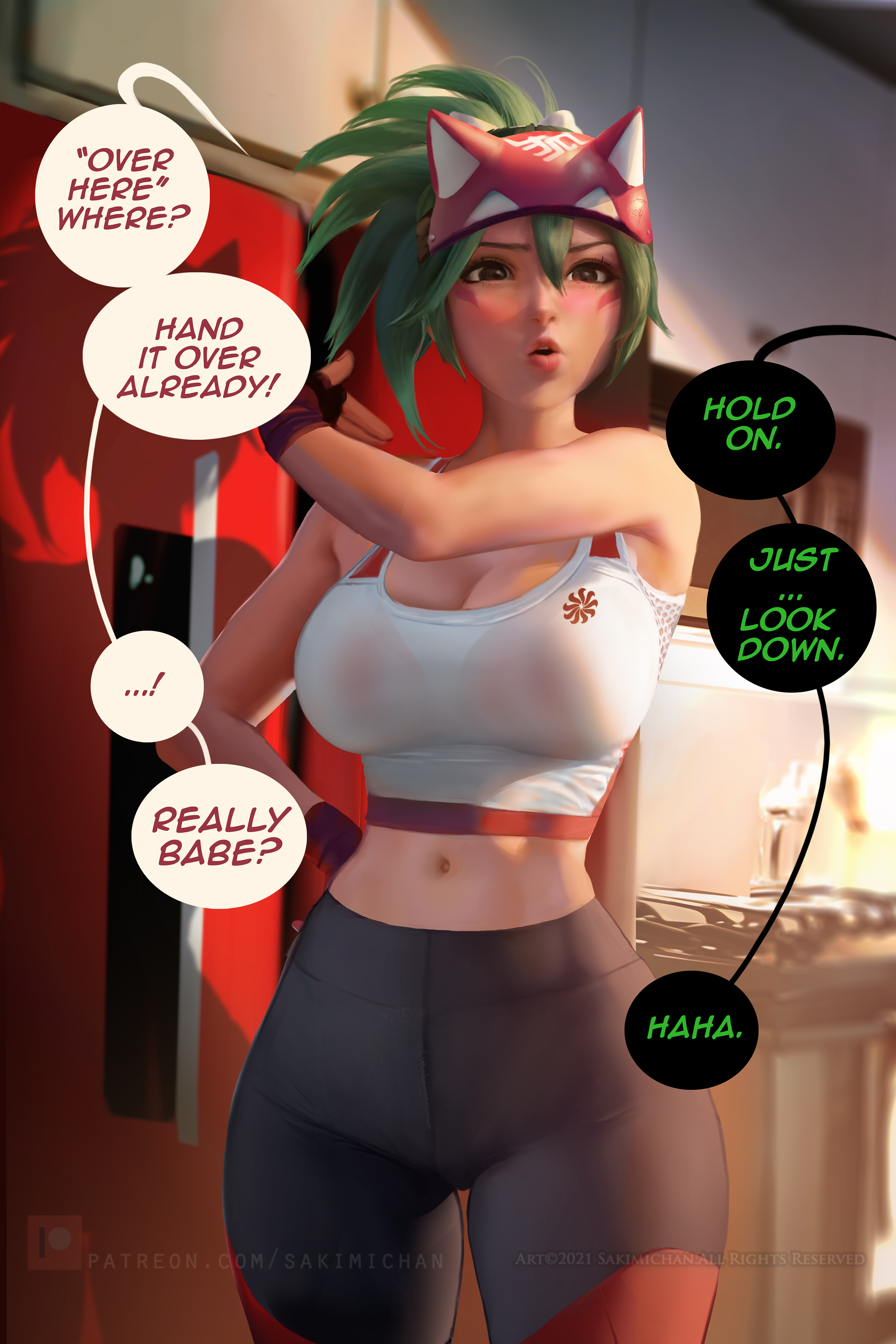 athleisure kiriko, big breasts, breasts, female, genji, hourglass figure, kiriko (overwatch), overwatch, overwatch 2, sakimichan, text bubble, thick thighs