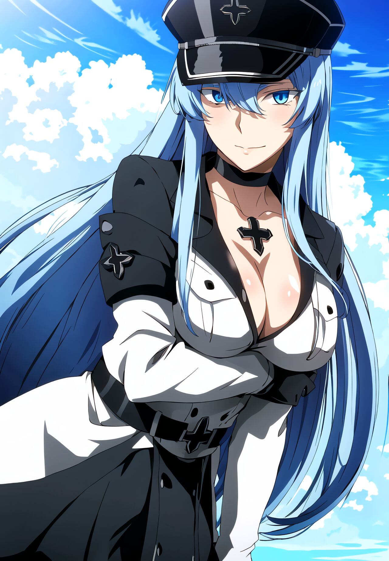 1girls, ai generated, akame ga kill!, alluring, beach, big breasts, bikini, black hair, breasts, cleavage, esdeath (akame ga kill!), female, female only, joker (artist), solo