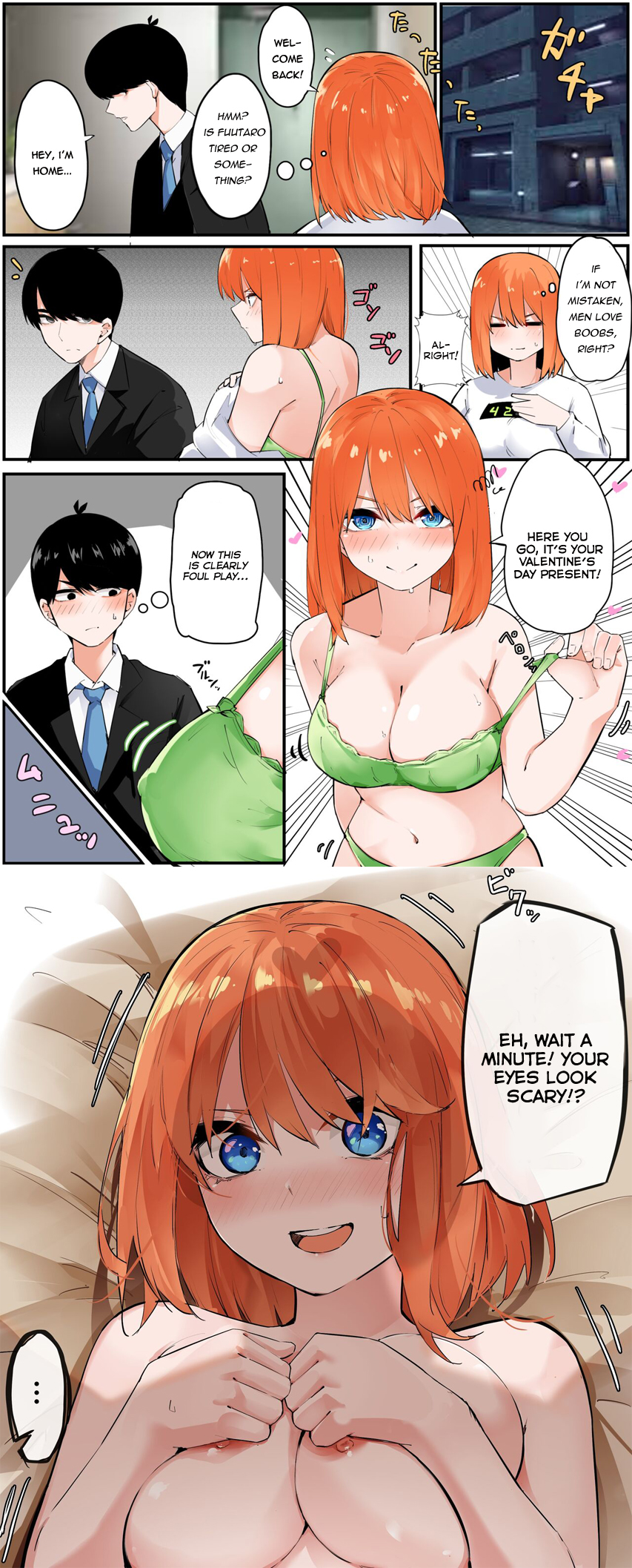 1boy 1girls black_hair blue_eyes blush breasts go-toubun_no_hanayome looking_at_viewer lying mame1645 nakano_yotsuba nude orange_hair suit uesugi_fuutarou