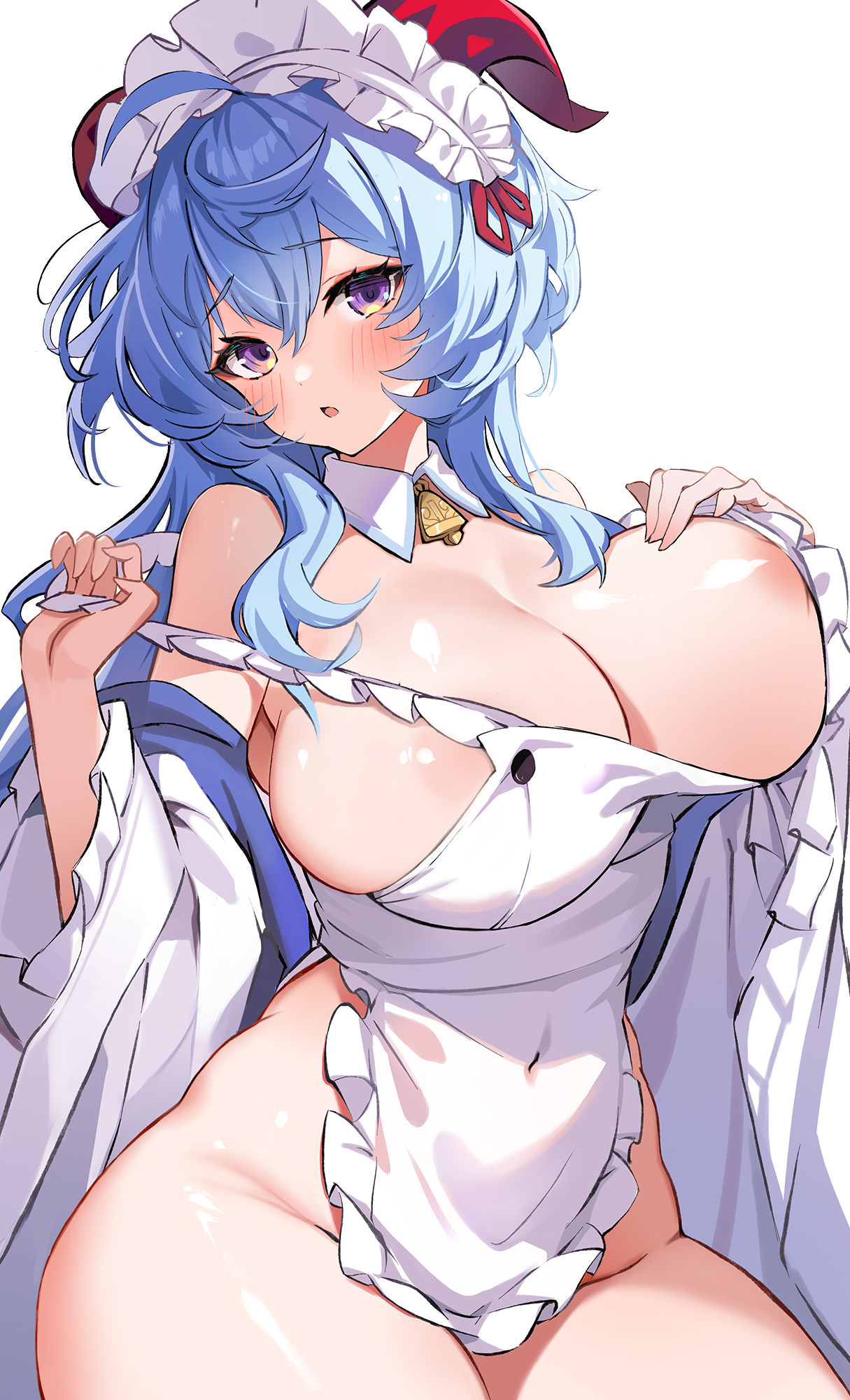 1girls, alternate version available, blue hair, blush, breasts, cleavage, embarrassed, female, female only, ganyu (genshin impact), genshin impact, horns, large breasts, light skin, light-skinned female, long hair, maid, maid headdress, maid outfit, purple eyes, revealing clothes, solo, thick thighs, thighs, tunoko98, white background, wide hips