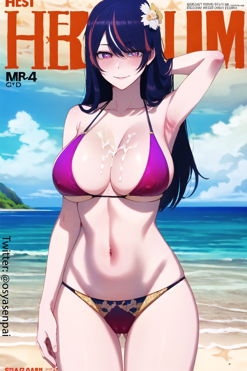 1girls, ai generated, beach, big breasts, bikini, blue hair, breasts, cleavage, cum on breasts, dark hair, female, female only, hoshino ai, long hair, looking at viewer, multicolored hair, oshi no ko, osyasenpai, pink hair, solo, solo female, stable diffusion, swimsuit