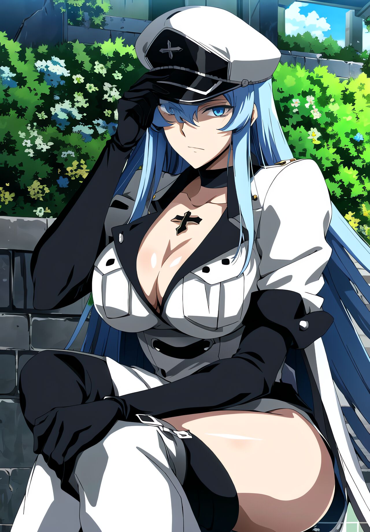 1girls, ai generated, akame ga kill!, alluring, beach, big breasts, bikini, black hair, breasts, cleavage, esdeath (akame ga kill!), female, female only, joker (artist), solo