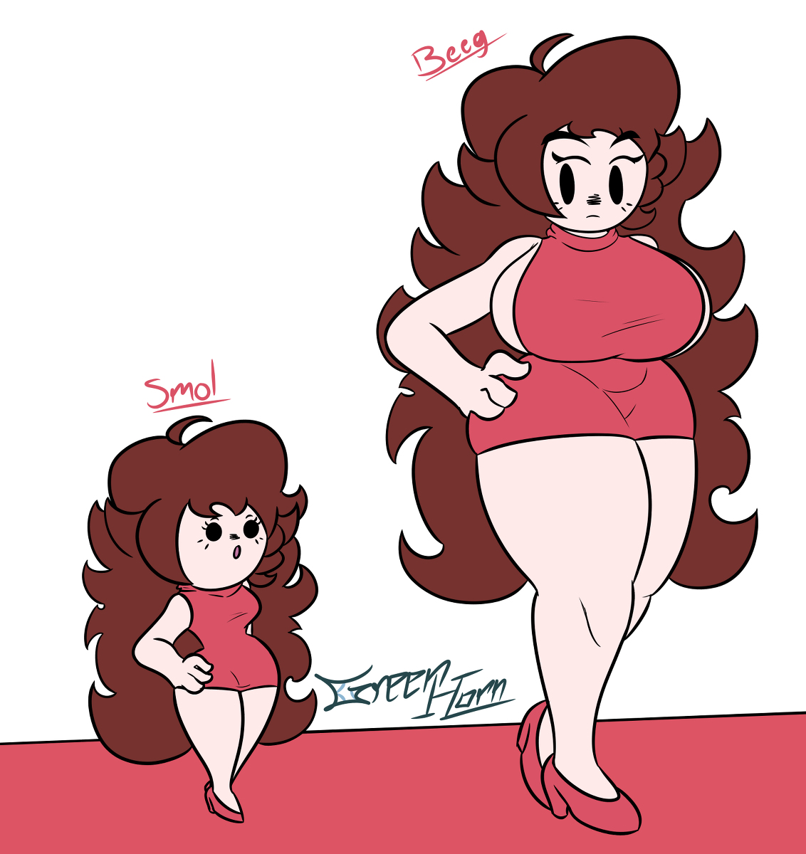 2girls, ass, big ass, big breasts, breasts, female, flat colors, friday night funkin, girlfriend (friday night funkin), greenhorn (artist), long hair, looking at each other, red clothing, red hair, size difference, text, wide hips