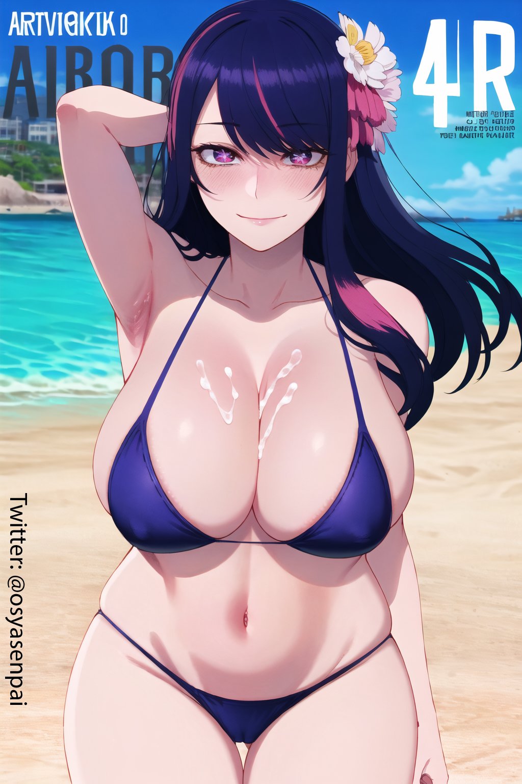 1girls, ai generated, beach, big breasts, bikini, blue hair, breasts, cleavage, cum on breasts, dark hair, female, female only, hoshino ai, long hair, looking at viewer, multicolored hair, oshi no ko, osyasenpai, pink hair, solo, solo female, stable diffusion, swimsuit