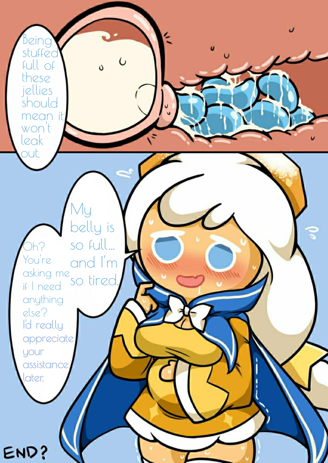 1girls, blush, breasts, cookie run, cream puff cookie, cum, cum in uterus, cum inside, cumflated belly, cumflation, english text, female, flag (artist), inflation, object insertion, older, shaking, sweat, text, translated, white hair, white stockings, x-ray