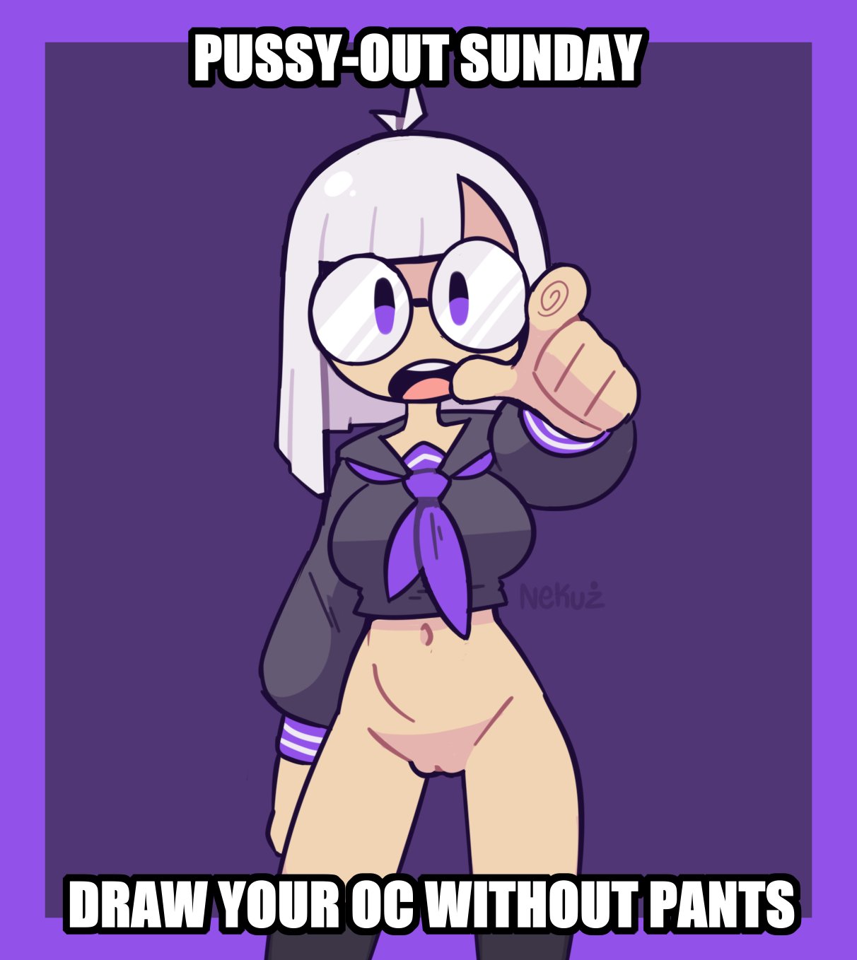 5 fingers, artist name, bottomless, breasts, english text, female, glasses, lu white (nekuzx), nekuzx, no panties, no pants, purple background, pussy, pussy out, pussy out sunday, solo, text, white hair