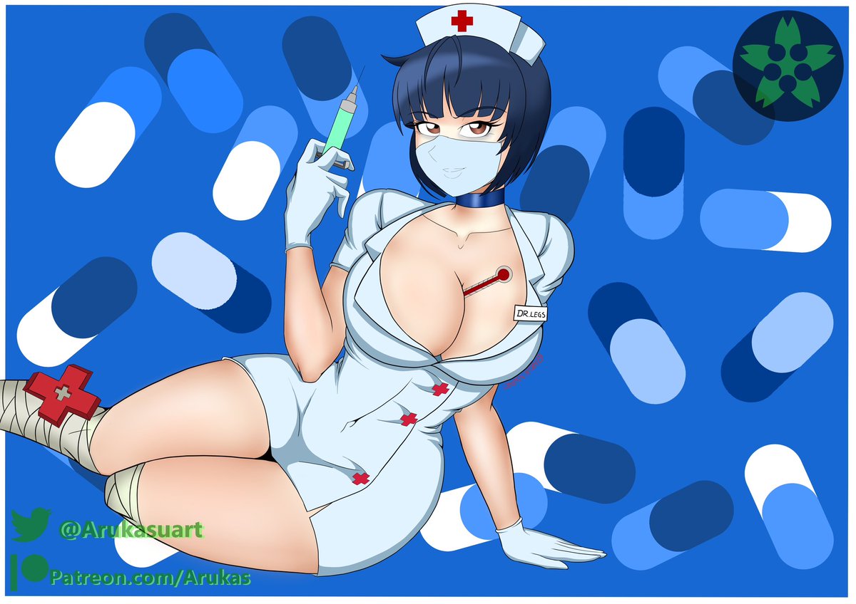 2023 adult adult_female artist_logo artist_name artist_signature arukas belly_button belly_button_visible_through_clothing big_breasts black_hair blue_background breasts brown_eyes choker cleavage gloves hourglass_figure kneehighs large_breasts light-skinned_female light_skin looking_at_viewer nurse nurse_uniform object_between_breasts patreon patreon_username persona persona_5 sexually_suggestive short_hair solo solo_female solo_focus syringe tae_takemi tagme thermometer thick_thighs thighs twitter_username valentine_(skullgirls)_(cosplay) voluptuous wide_hips