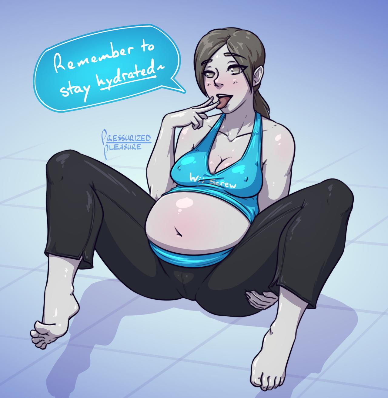 ahe_gao black_hair chubby chubby_female female huge_belly nipples_visible_through_clothing pressurizedpleasure pussy_visible_through_clothes solo spread_legs sweatpants text_bubble tongue_out white_skin wii_fit wii_fit_trainer yoga_instructor yoga_pants
