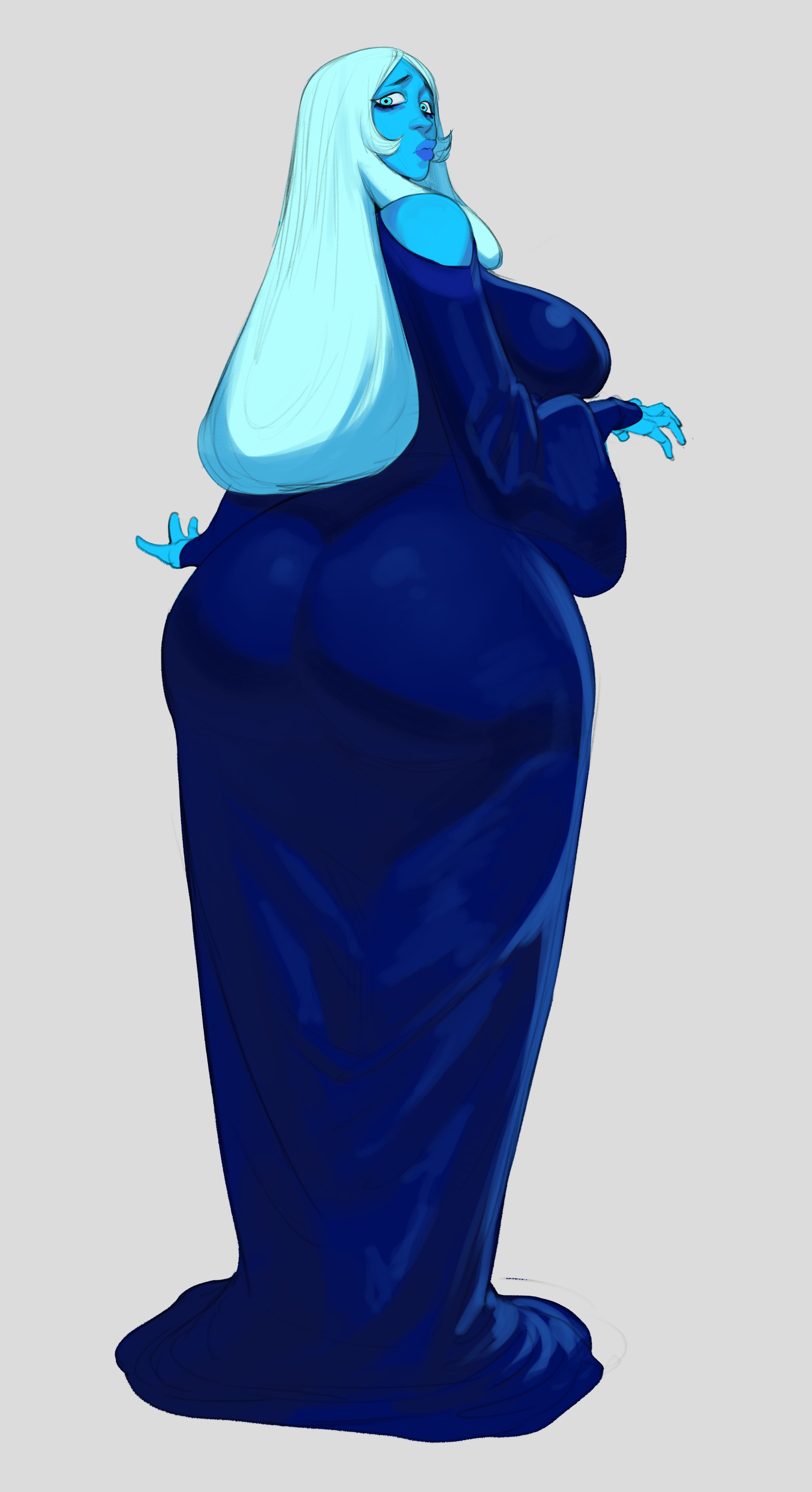 1girls, alien, alien girl, ass, ass in dress, back, big ass, big butt, blue body, blue diamond (steven universe), blue dress, blue eyes, blue hair, blue skin, cartoon network, clothed, clothing, dankwoll, diamond authority, dress, female, gem (species), huge ass, humanoid, long hair, rear view, steven universe, voluptuous, voluptuous female, wide hips