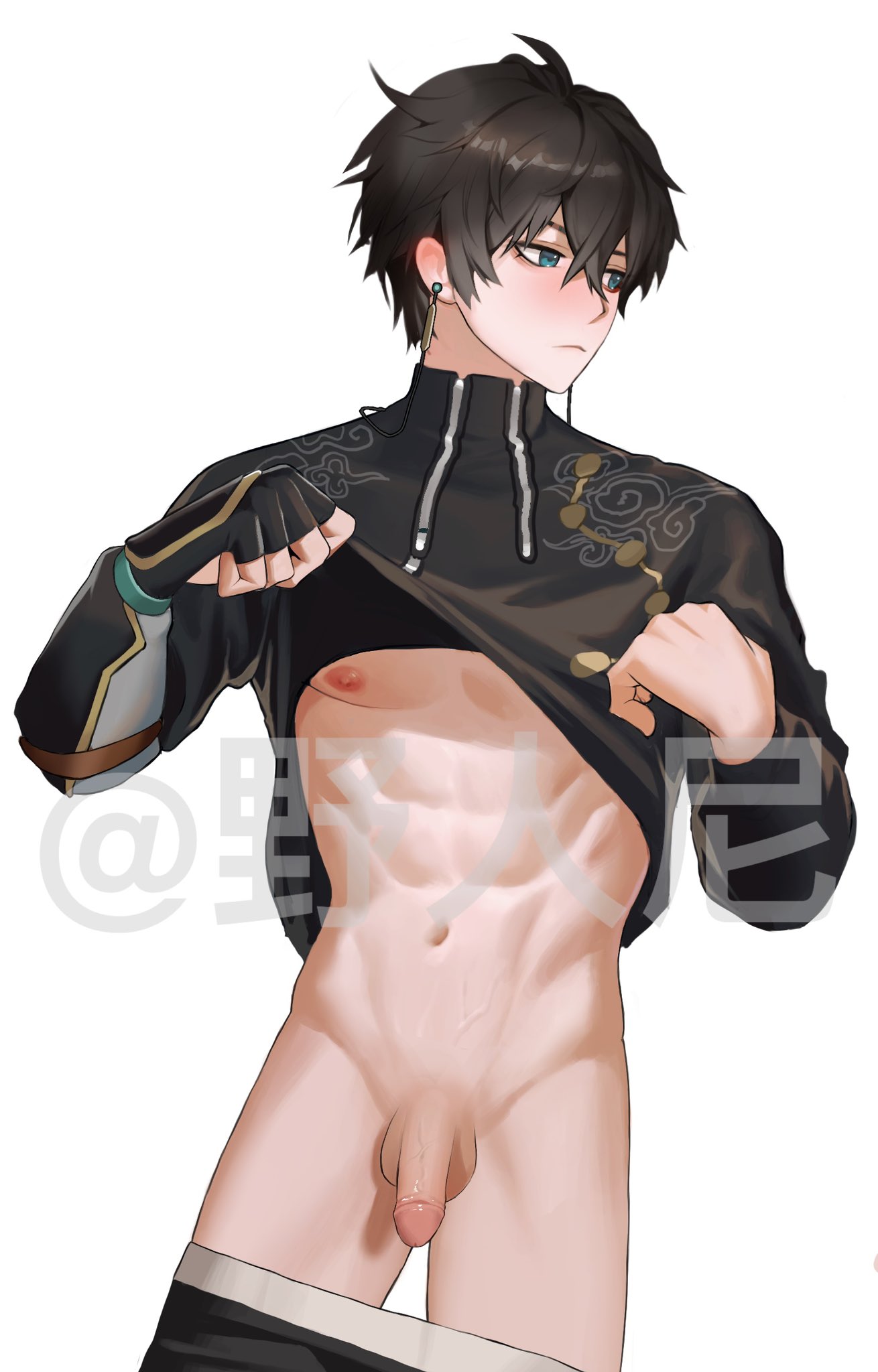 1boy aqua_eyes black_hair black_shirt closed_mouth clothes_lift clothes_pull dan_heng earrings gloves highres honkai:_star_rail honkai_(series) huahua123569 jewelry long_sleeves male_focus male_only male_underwear muscular muscular_male navel nipples pants pants_pull penis shirt shirt_lift short_hair solo stomach testicles uncensored underpec underwear white_background