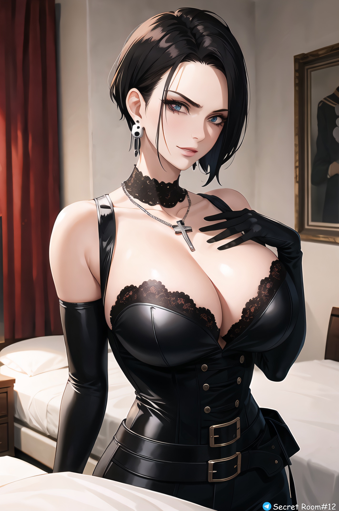 ai generated, anime style, black choker, black elbow gloves, cross, cross necklace, crucifix, female, goth, goth girl, secret room12, short hair, stable diffusion