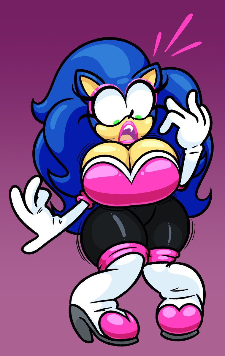 1girls, blue hair, breasts, eyeshadow, female, frost-lock, high heel boots, high heels, huge breasts, lipstick, long hair, makeup, pink eyeshadow, pink lipstick, rouge the bat (cosplay), rule 63, shocked, solo, solo female, sonic (series), sonic the hedgehog, sonique the hedgehog