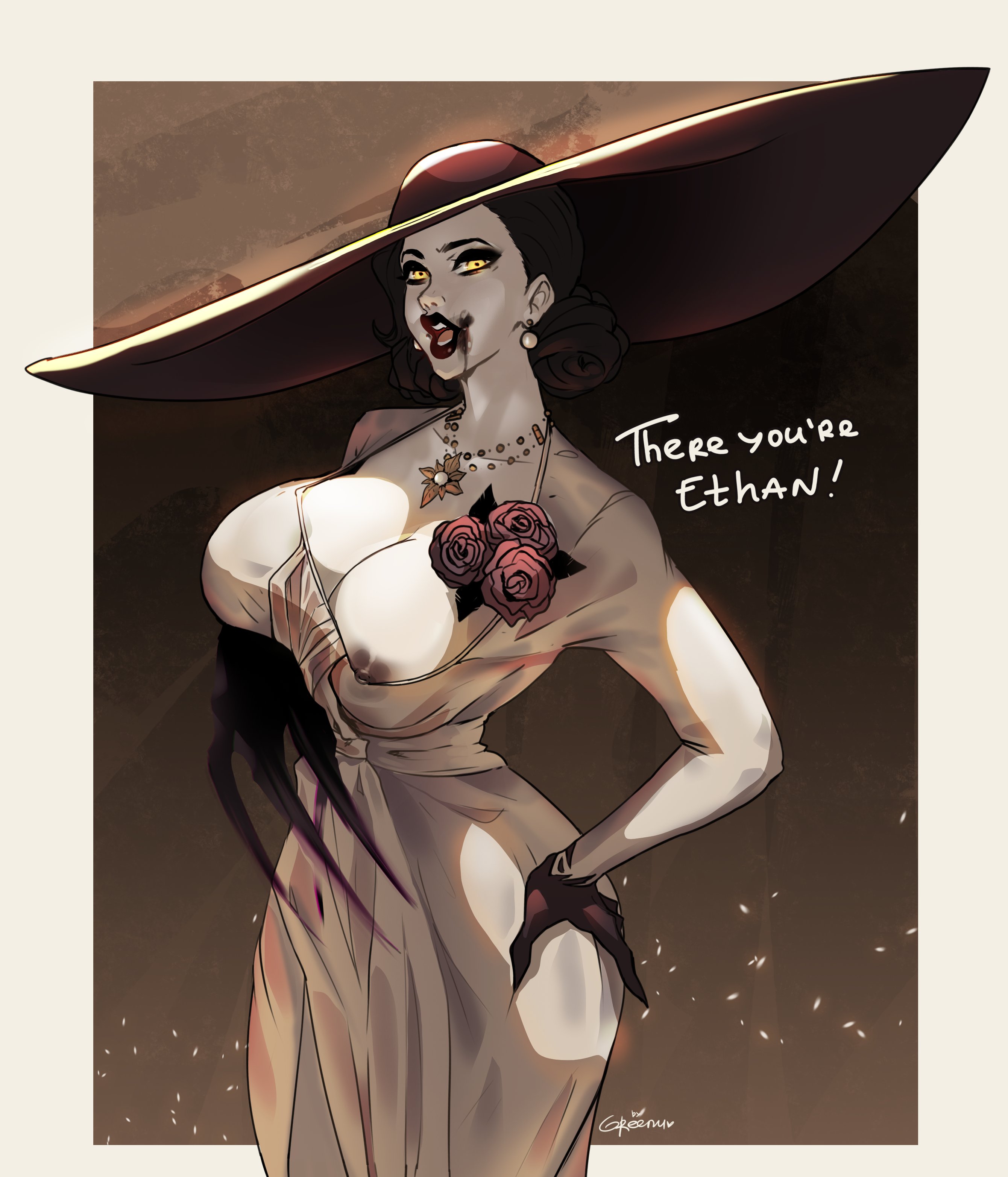 1girls, alcina dimitrescu, breasts, cleavage, curvy, female, greenu, hat, large breasts, milf, nipple slip, pale skin, resident evil, resident evil 8: village, solo, vampire