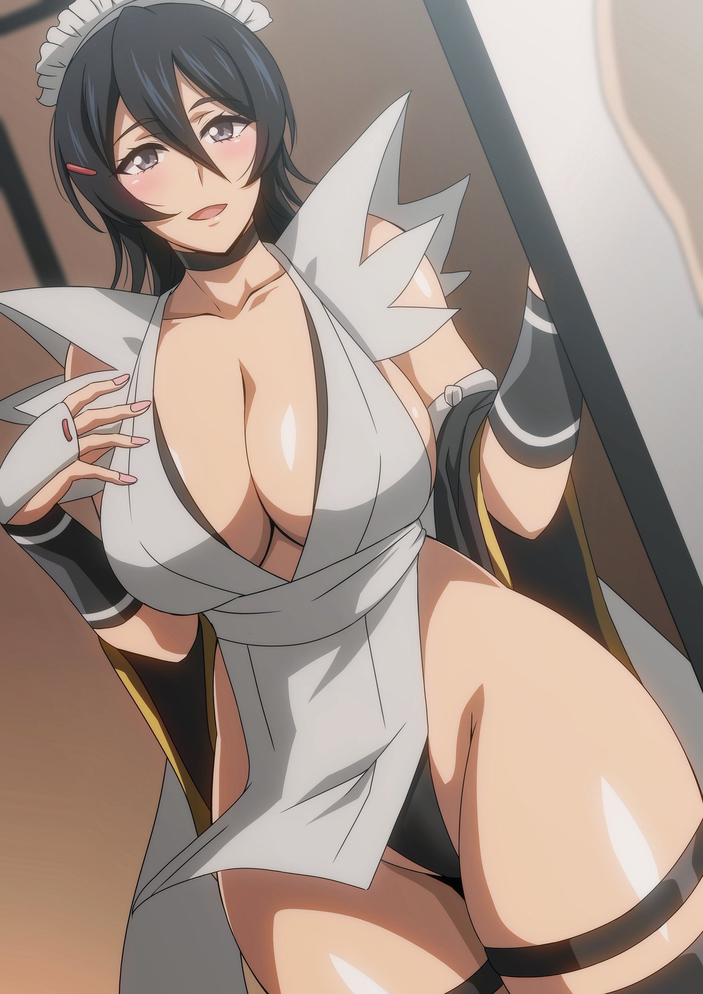 1girls, big breasts, black hair, blush, breasts, choker, cleavage, collarbone, doorway, eyebrows visible through hair, female, female focus, female only, grey eyes, hair ornament, hairpin, hara (harayutaka), huge breasts, iroha, large breasts, legwear, light skin, light-skinned female, maid, maid headdress, mature female, open mouth, samurai shodown, shiny skin, short hair, sideboob, sliding doors, solo, tagme, thick thighs, thigh strap, thighs, voluptuous, wide hips