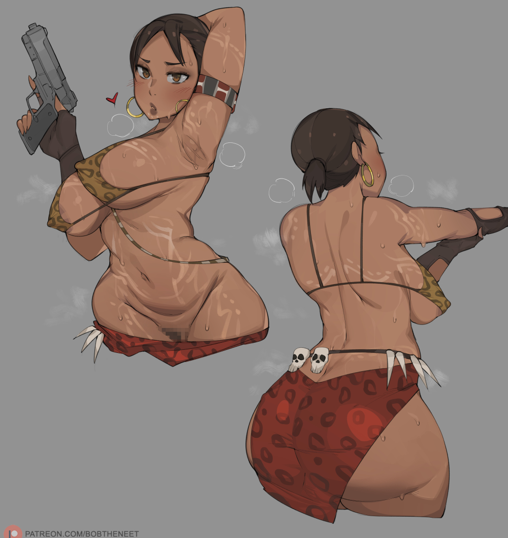 1girls arm_up armpits ass backboob big_ass bikini bikini_top blush bobtheneet breasts brown_eyes brown_hair brown_skin capcom cleavage dark-skinned_female dark_skin female gun holding_object huge_ass huge_breasts leopard_print long_hair musk musk_clouds no_panties pubic_hair pussy resident_evil resident_evil_5 sheva_alomar skirt sweat sweatdrop sweaty sweaty_body thick_thighs tribal_clothing tribal_paint weapon wide_hips