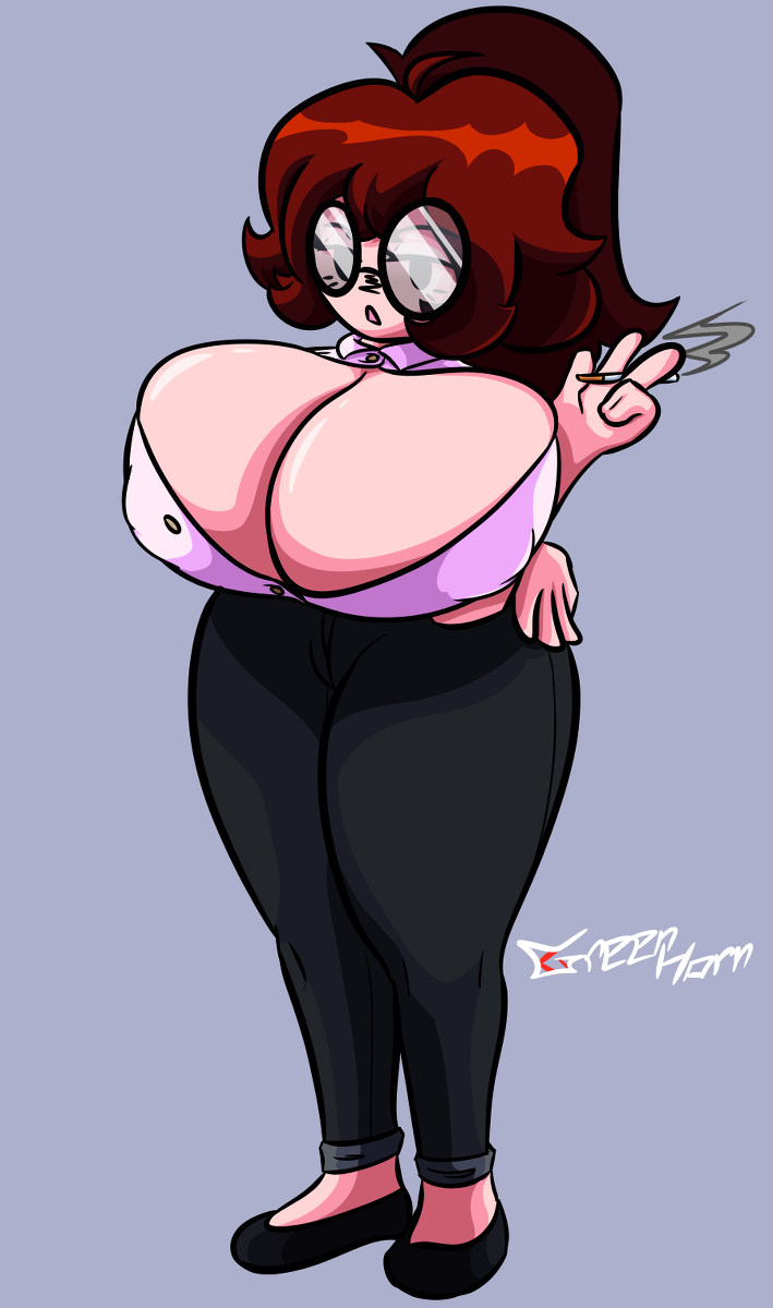 auburn hair, big breasts, breasts, female, friday night funkin, girlfriend (friday night funkin), glasses, greenhorn (artist), megane, nipple bulge, smoking, unbuttoned shirt
