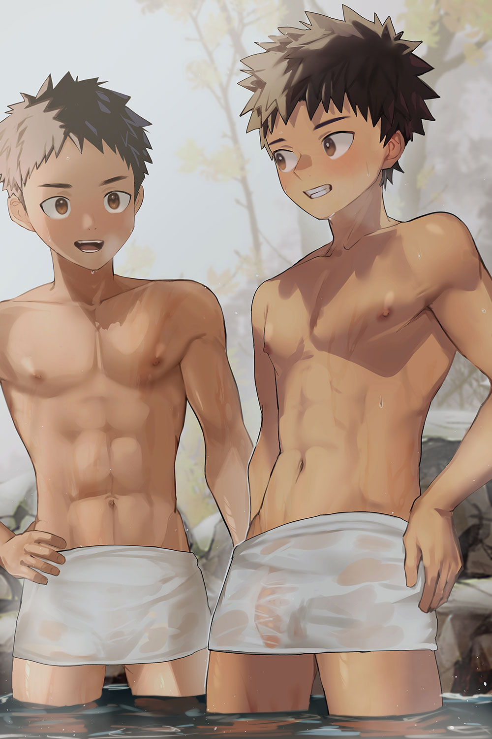 2boys :d abs batsusuke blush brown_eyes brown_hair collarbone dripping eye_contact grin hand_on_own_hip highres looking_at_another male_focus multiple_boys naked_towel navel nipples onsen open_mouth original outdoors pectorals penis rock see-through short_hair smile spiked_hair standing steam toned toned_male towel towel_around_waist tree wading water wet wet_towel young