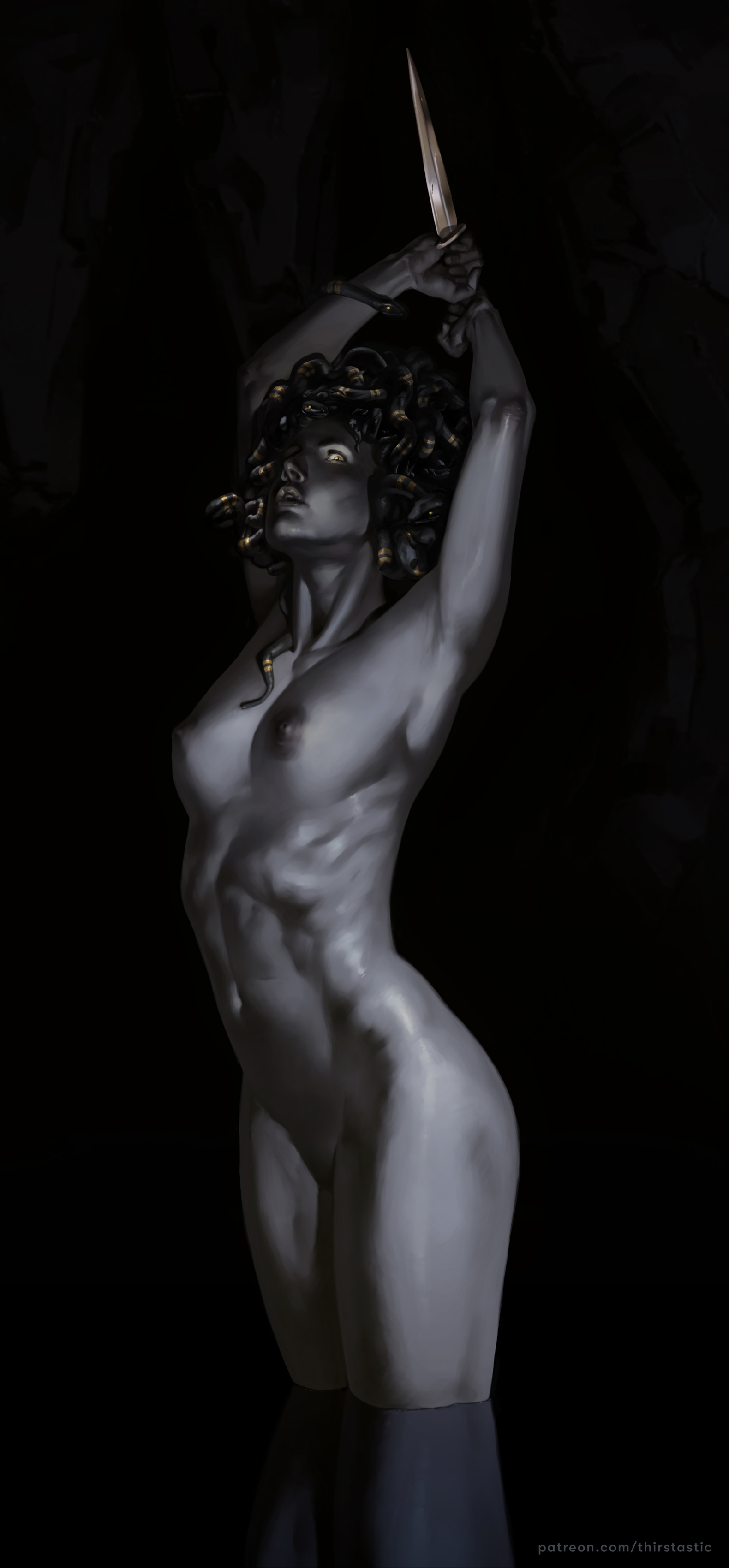 arms up, breasts, dagger, dima ivanov, female, gorgon, greek mythology, medium breasts, medusa, medusa (greek mythology), nude, pale skin, realistic, snake hair
