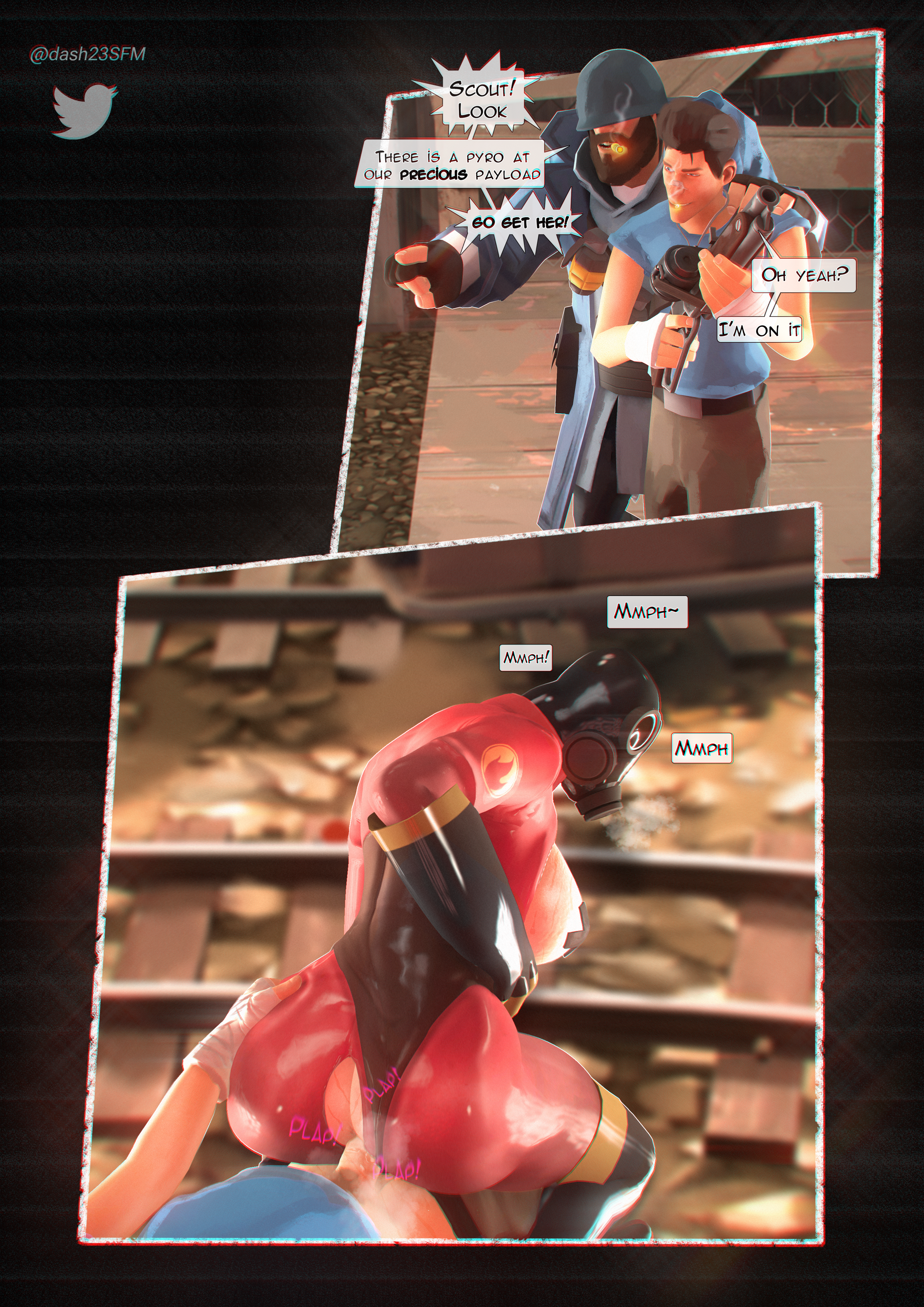 1boy, 1girls, 3d, ass, dash23, female, fempyro, male, penis, pyro, scout (team fortress 2), sfm, soldier (team fortress 2), source filmmaker, straight, team fortress 2