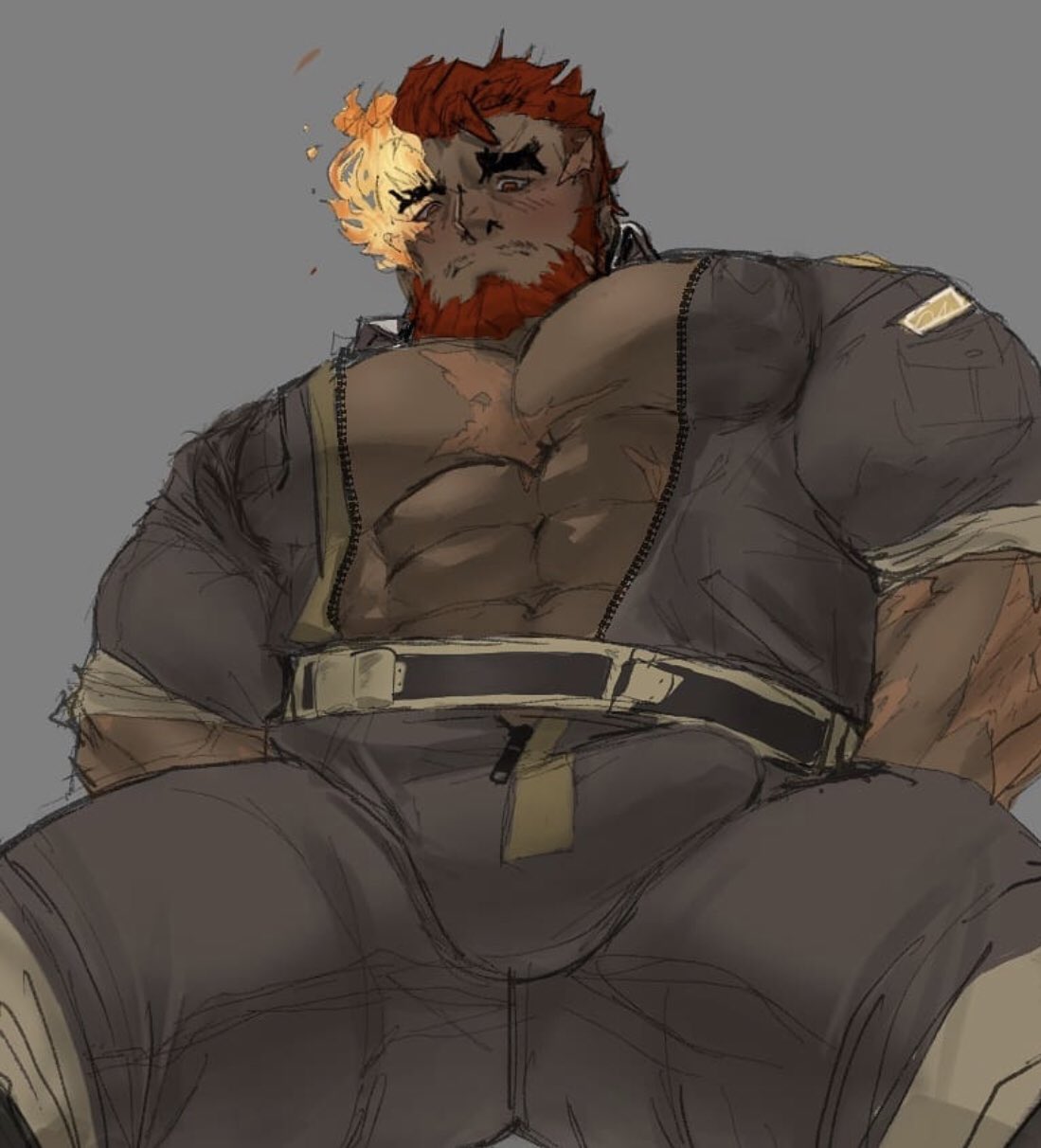 balls bara beard big_pecs blush boner bulge erection erection_under_clothes facial_hair hands_behind_back hephaestus_(tokyo_afterschool_summoners) low-angle_view male male_only muscles muscular open_clothes penis solo solo_male tokyo_afterschool_summoners tora_gy unzipped