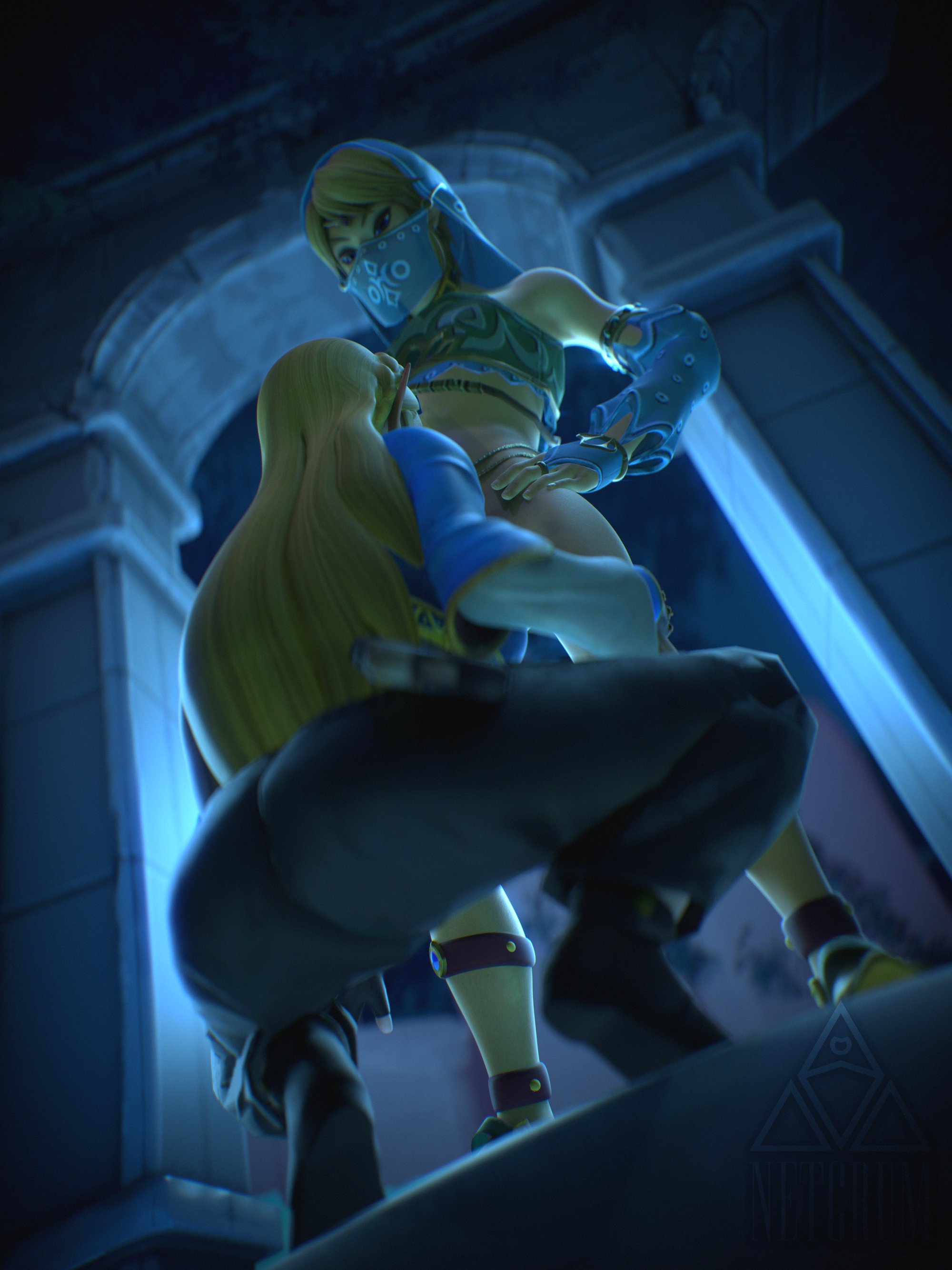 1boy, 1girls, 3d, armor, armwear, ass, big ass, blender, blonde hair, blowjob, bottomless, bottomwear, breath of the wild, clothed, clothing, detailed background, duo, elf ears, elf female, faceless male, fellatio, female, femboydom, gerudo link, light skin, light-skinned female, light-skinned male, link, link (breath of the wild), looking at partner, looking down, male, male/female, mask, masked male, netcrum, nintendo, oral, oral penetration, oral sex, pants, penis, princess zelda, sex, standing, sucking, sucking penis, the legend of zelda, thick thighs, tight clothes, tight fit, tight pants, topwear, viewed from above, watermark, zelda (breath of the wild)