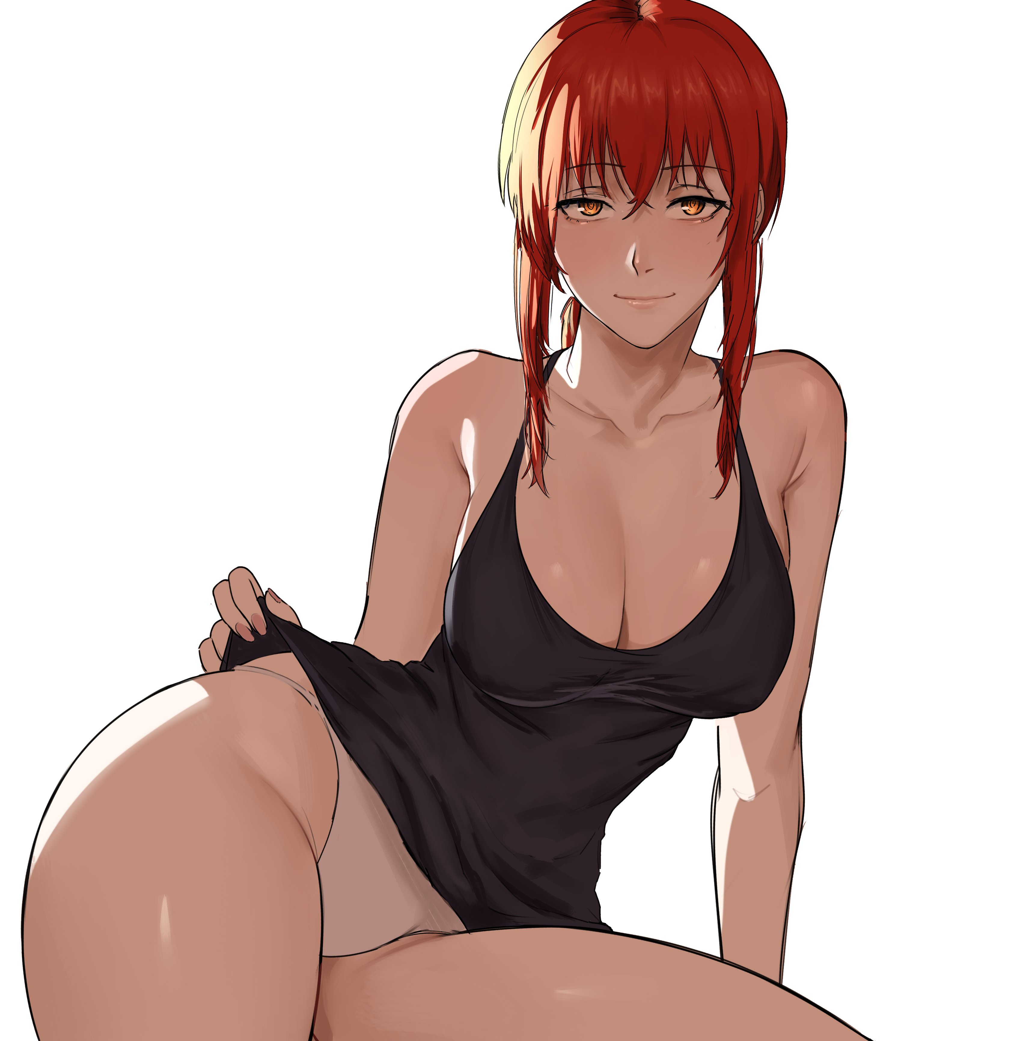 1girls, backlighting, bangs, breasts, chainsaw man, cleavage, female, inviting, looking at viewer, makima (chainsaw man), medium breasts, panties, pantsless, pose, pplord, red hair, shirt lift, teasing, white background, yellow eyes