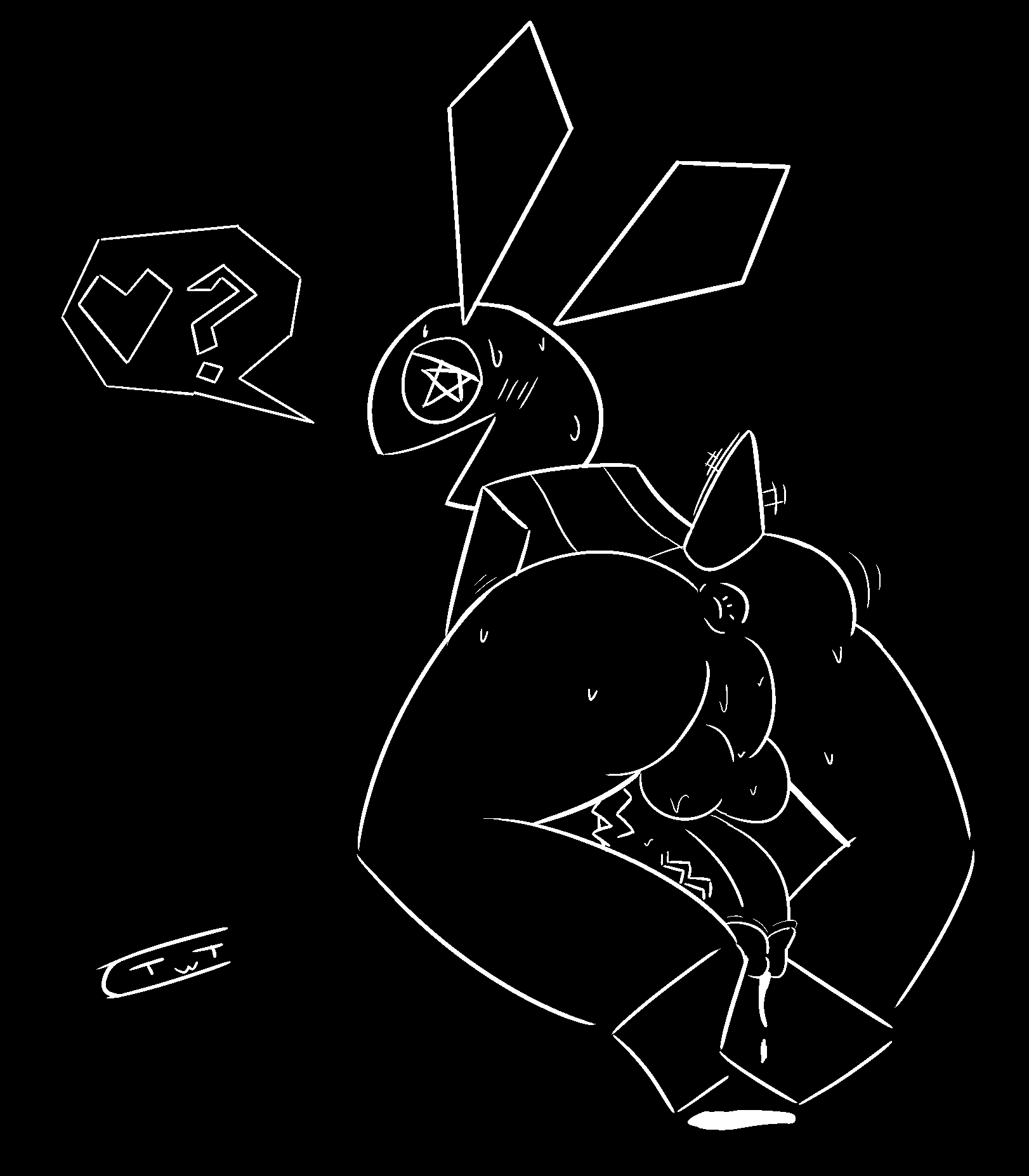 anthro anus ass backsack balls biped black_background blush blush_lines bodily_fluids eftiinsfw genital_fluids genitals heart hi_res humanoid_genitalia humanoid_penis kneeling lagomorph leaking_precum leporid looking_at_viewer looking_back male mammal motion_lines penis perineum precum question_mark rabbit raised_tail rear_view simple_background smile solo speech_bubble sweat sweatdrop tail vein veiny_penis vib-ribbon vibri white_line_art