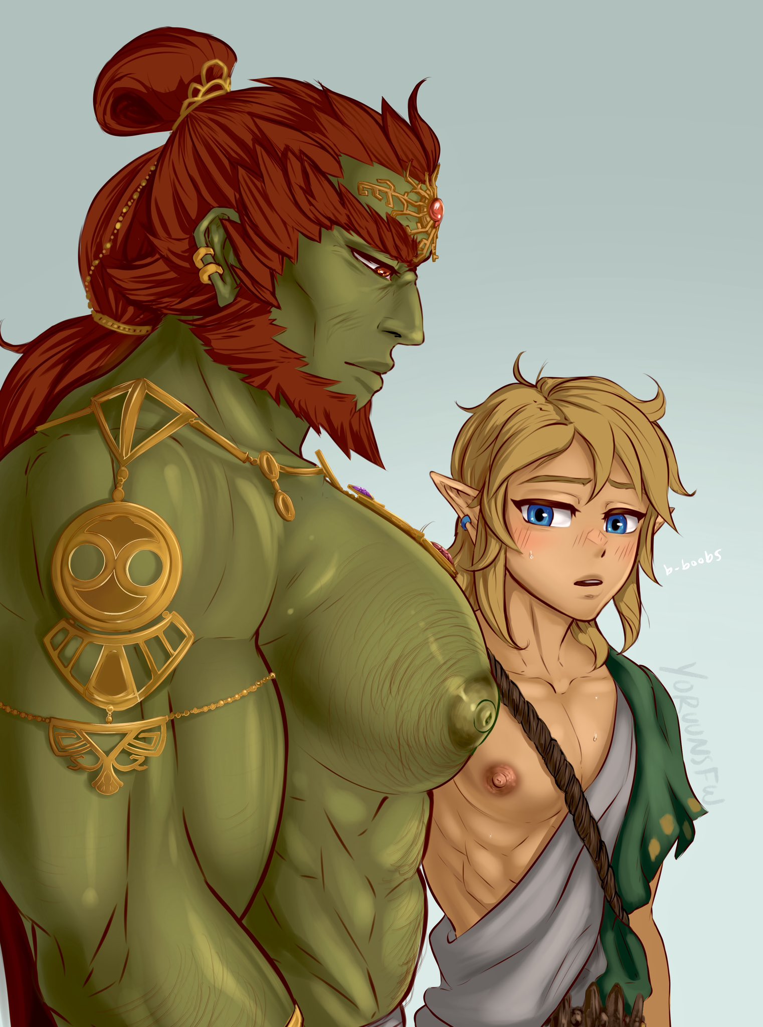 2boys, beard, biceps, big chest, big pecs, blue eyes, blush, brown hair, bulging biceps, facial hair, female, ganondorf, ganondorf (tears of the kingdom), girl staring at guy's chest, green skin, hairy chest, horny male, huge chest, huge pecs, light skin, light-skinned male, link, link (tears of the kingdom), male, male only, meme, muscles, muscular, muscular male, nintendo, nipples, pecs, red eyes, red hair, tears of the kingdom, the legend of zelda, twink, yoruunsfw