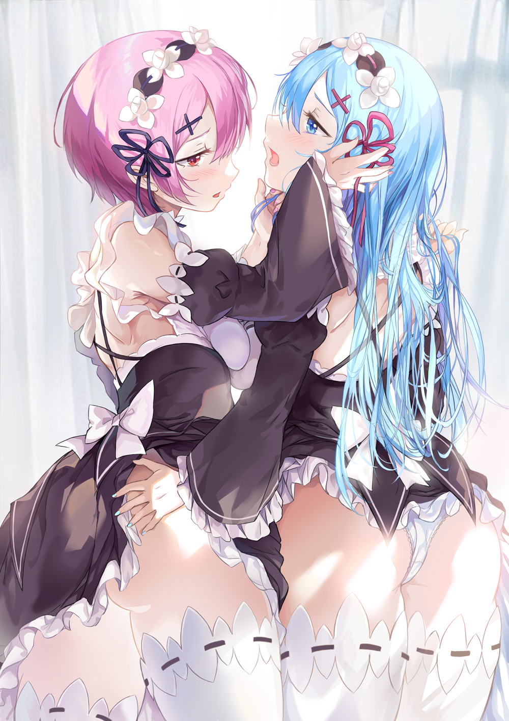 2girls ass back blue_eyes blue_hair breasts hair_ornament hair_over_one_eye hand_on_ass hand_on_head imminent_incest imminent_kiss incest long_hair maid maid_headdress maid_uniform medium_breasts multiple_girls painted_fingernails panties pink_eyes pink_hair ram_(re:zero) re:zero_kara_hajimeru_isekai_seikatsu rem_(re:zero) saya_(mychristian2) short_hair siblings sisters thighhighs twincest twins upskirt white_panties x_hair_ornament yuri