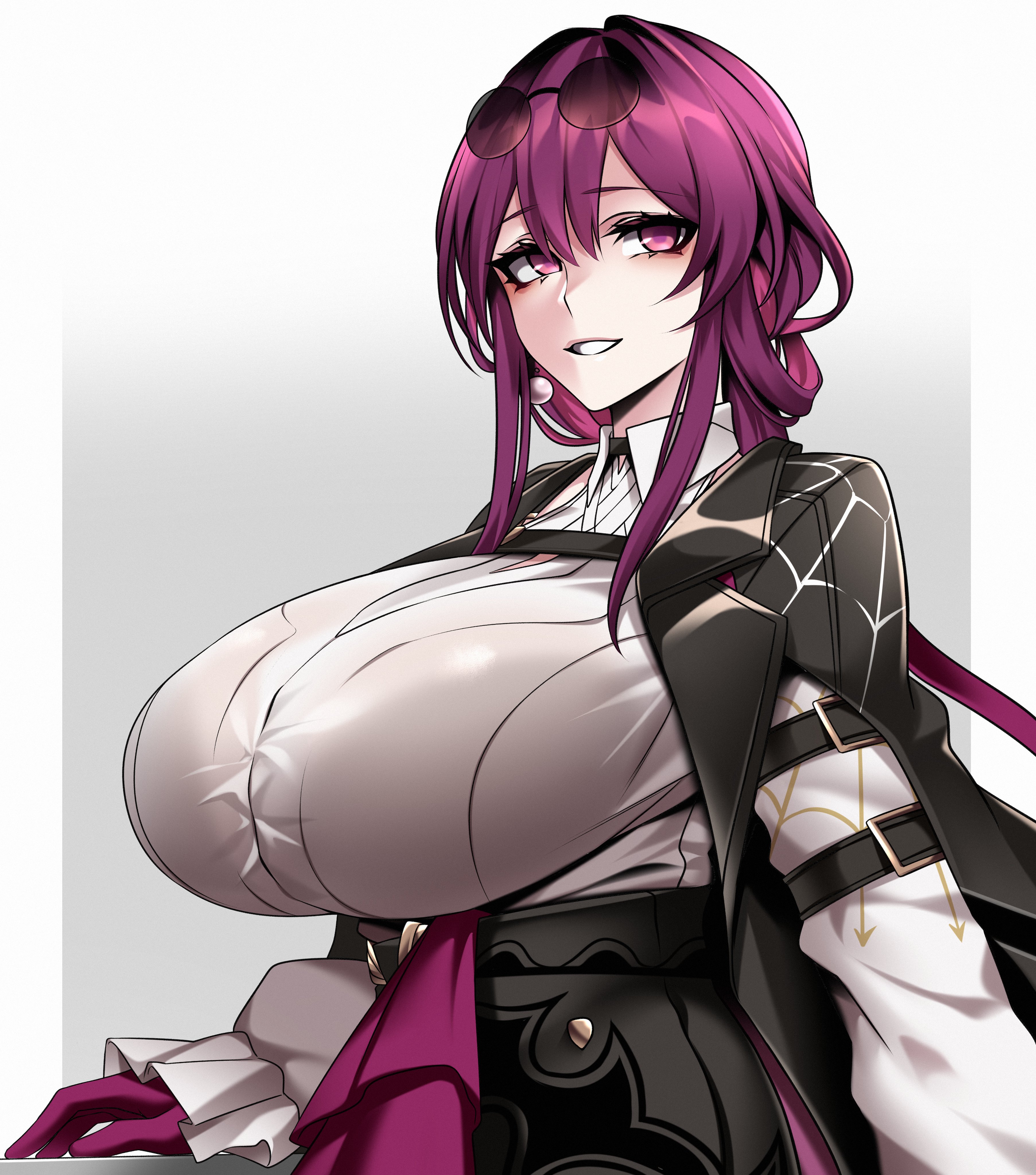 absurdres, alternate breast size, black jacket, bra, bra visible through clothes, breasts, camui kamui (hz 666v), eyewear on head, female, from side, glass, glasses, highres, honkai (series), honkai: star rail, huge breasts, jacket, kafka (honkai: star rail), long jacket, looking at viewer, open mouth, purple eyes, purple hair, round eyewear, shirt, simple background, smile, solo, underwear, white background, white shirt