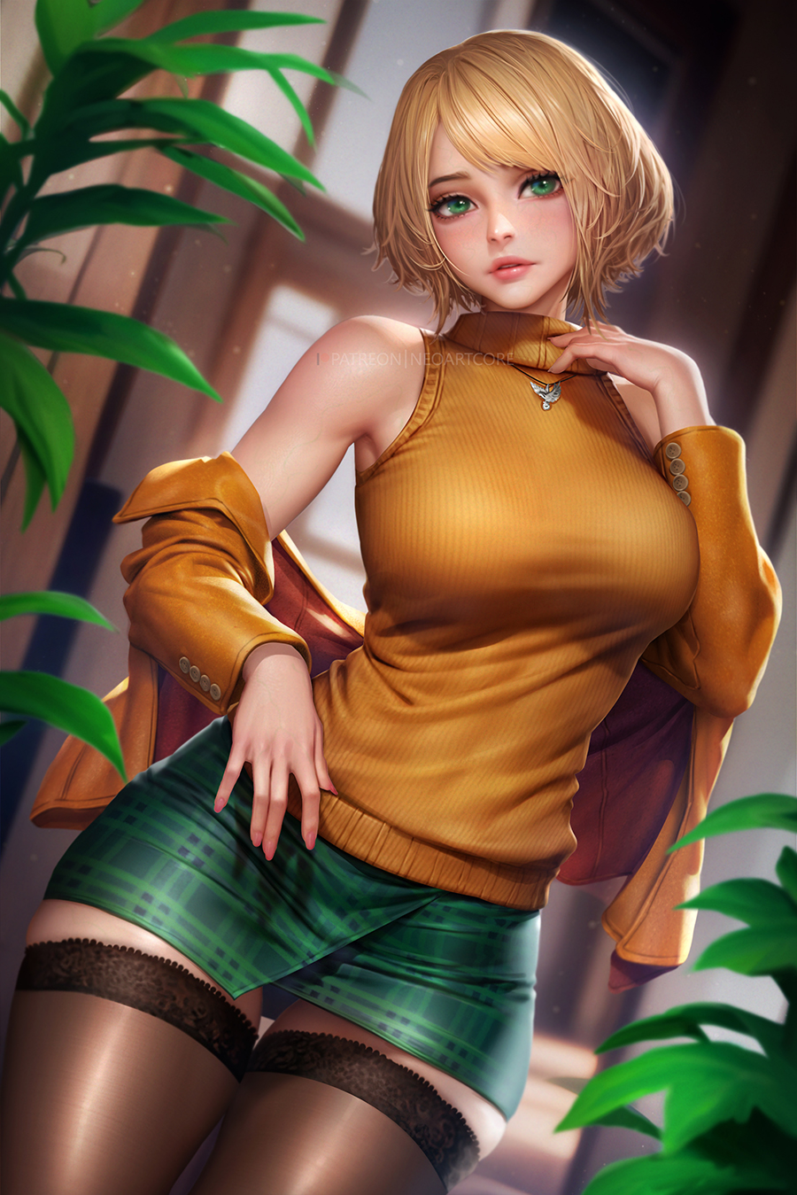 1girls, absurd res, absurdres, ashley graham, ashley graham (ella freya), athletic, athletic female, bare shoulders, big breasts, blonde hair, breasts, busty, capcom, clothed, clothed female, clothing, cute face, female, female focus, female only, green clothing, green eyes, green skirt, high resolution, highres, jacket, large breasts, large filesize, light skin, light-skinned female, miniskirt, necklace, neoartcore, nudtawut thongmai, orange clothes, orange clothing, orange jacket, orange sweater, parted lips, plant, plants, resident evil, resident evil 4, resident evil 4 remake, short hair, short skirt, skirt, sleeveless sweater, stockings, sweater, thick thighs, thighs, turtleneck sweater, very high resolution