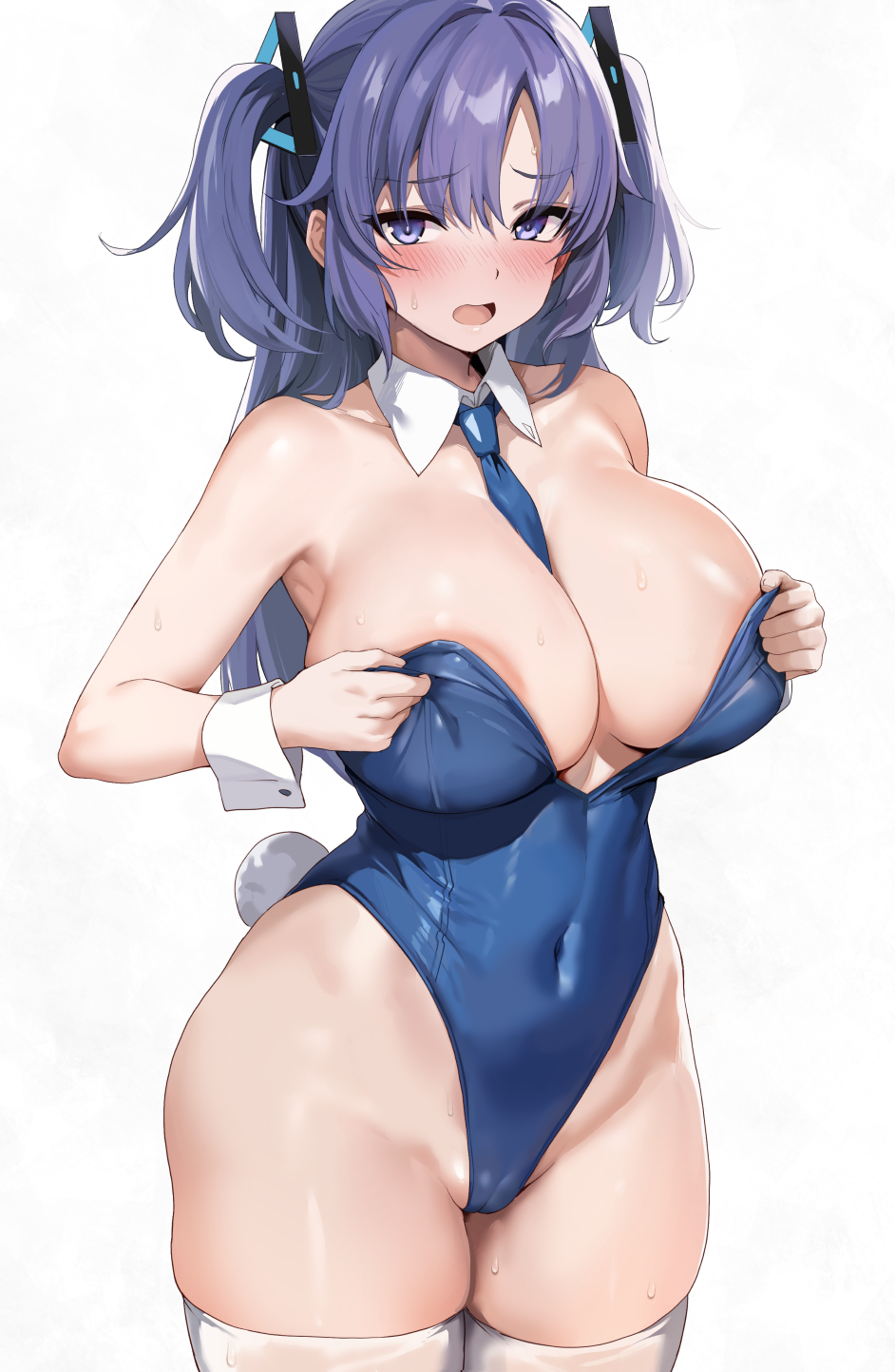 1girls blue_archive blue_eyes blue_hair blush breasts bunny_ears bunny_girl bunnysuit cleavage embarrassed female hips huge_breasts ipuu_(el-ane_koubou) light-skinned_female light_skin long_hair simple_background skindentation thick_thighs thighhighs thighs white_background wide_hips yuuka_(blue_archive)