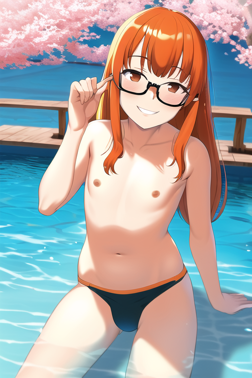 1boy ai_generated belly_button bulge bulge_through_clothing cherry_blossoms femboy genderswap_(ftm) glasses nipples novelai orange_hair persona persona_5 rule_63 sakura_futaba smile swim_briefs swimsuit topless water