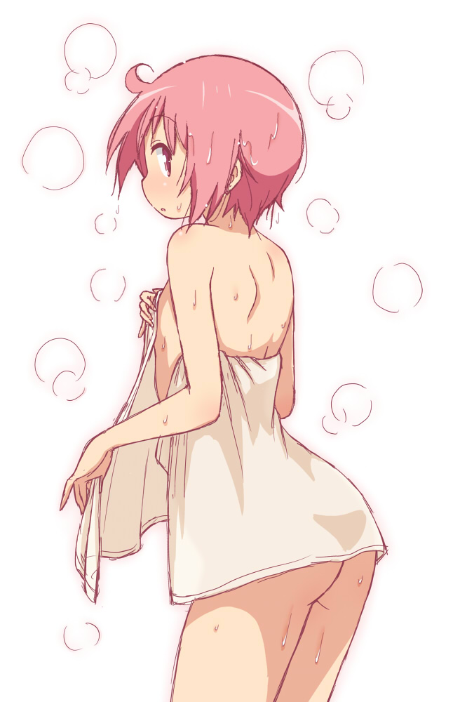 1girls after_shower ass ass_focus blush breasts exposed_ass eyes hair melty_pot naked naked_female nonohara_yuzuko pink small towel water wet yuyushiki