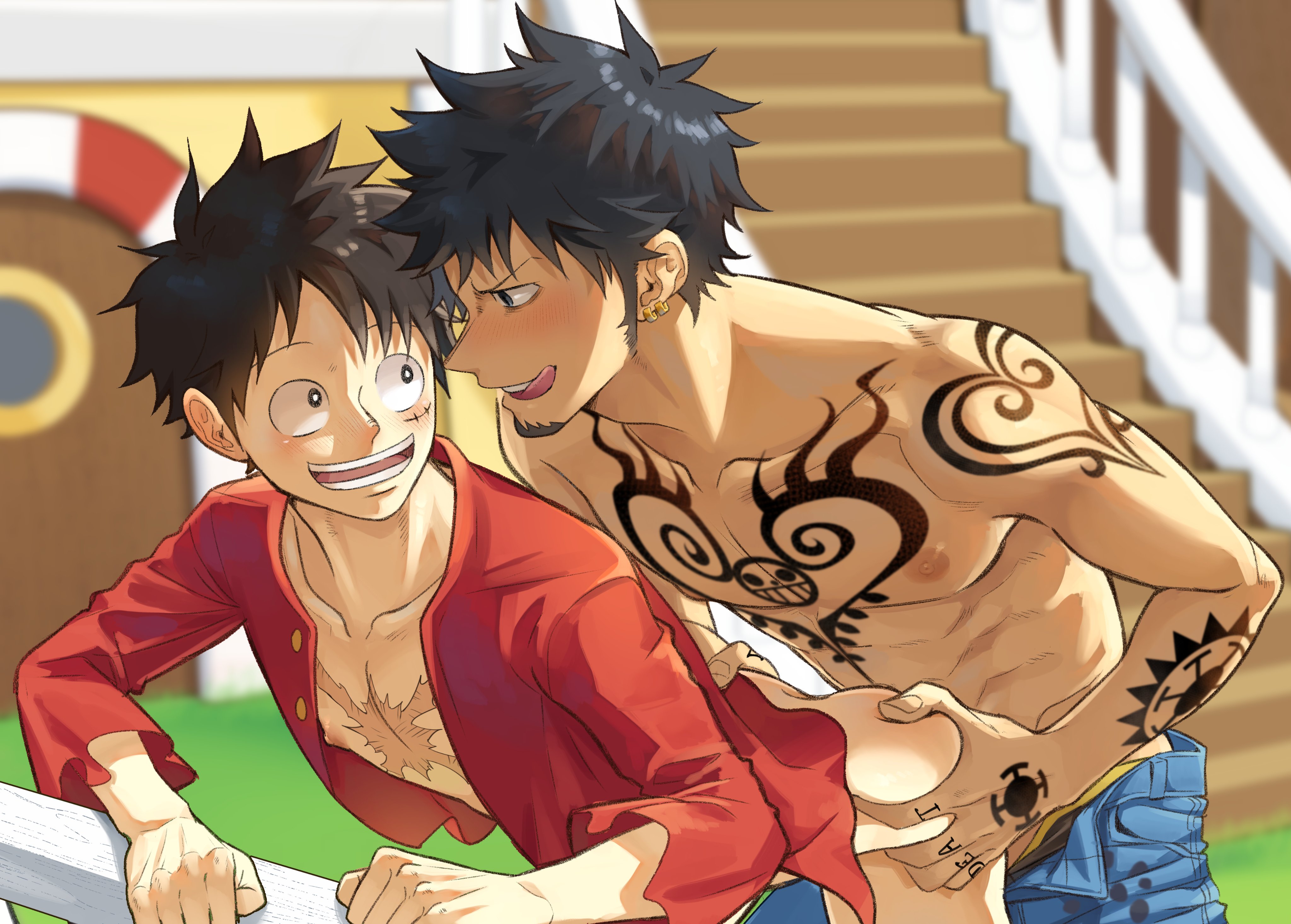 2boys, ass, ass grab, bent over, black hair, blush, bottomless, chest tattoo, facial hair, facial scar, from behind, gay, goatee, hands on ass, implied anal, implied sex, leaning forward, licking lips, long sideburns, looking at another, looking back, male, male only, monkey d luffy, no visible genitalia, one piece, open pants, open shirt, sbdl 1036, scar, sideburns, smile, spreading ass, tattoo, tattoos, toned, toned male, tongue, tongue out, topless, topless male, trafalgar law, yaoi