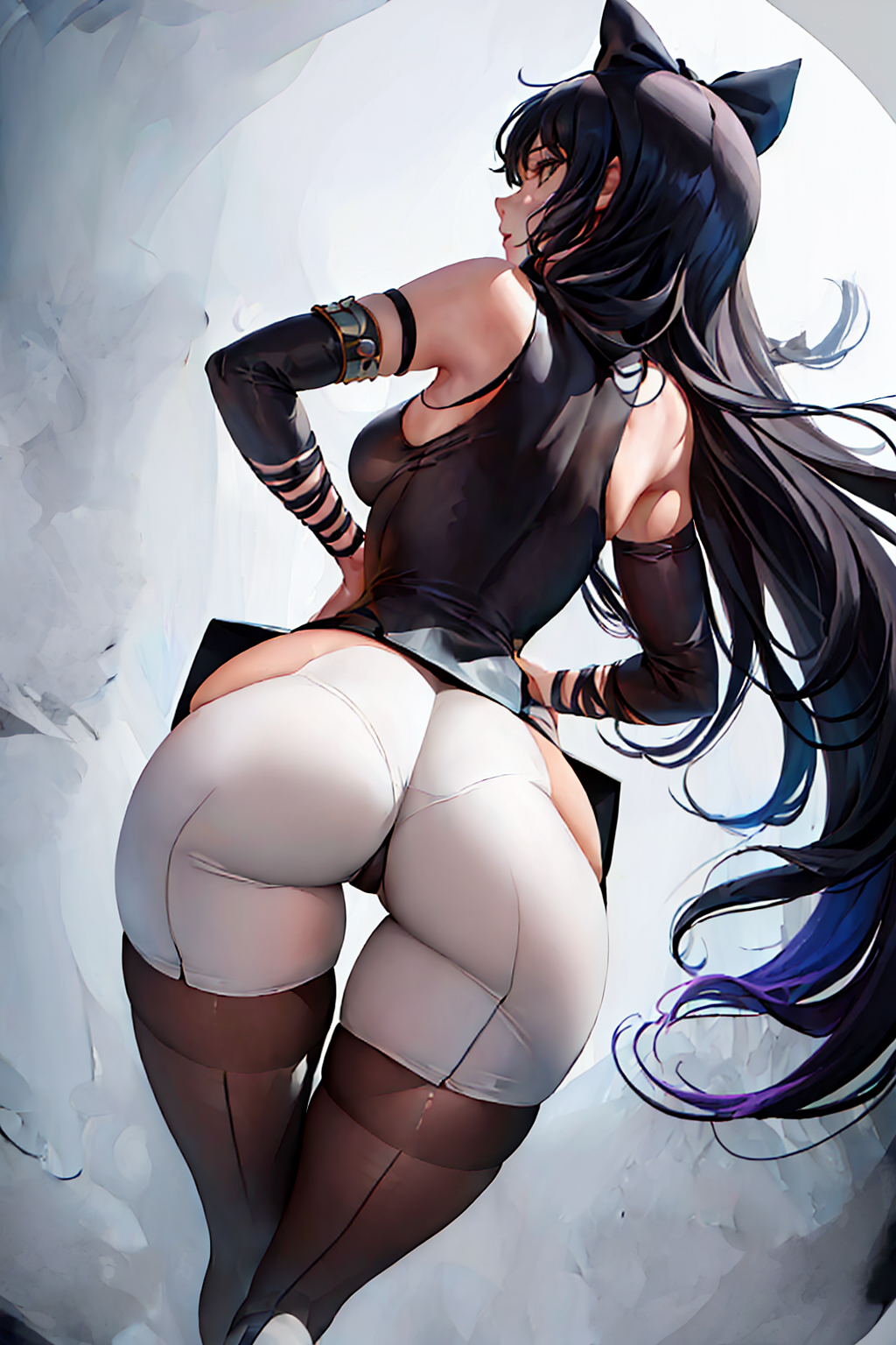 1girls, ai generated, ass, backview, big ass, blake belladonna, breasts, curvaceous, curvy body, curvy female, curvy figure, female, female focus, female only, light-skinned female, long hair, looking at viewer, looking back, rwby, solo, solo female, solo focus, stable diffusion