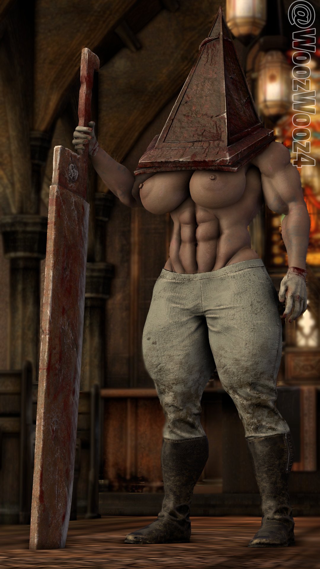 1girls 3d 3d_(artwork) abs big_breasts blood boots breasts church curvy female female_only female_pyramid_head gloves great_knife grey_skin half_naked huge_breasts humanoid konami large_breasts mature muscular muscular_female nipples no_bra nude nudity pyramid_head rule_63 shirtless silent_hill silent_hill_2 solo source_filmmaker sword thick_thighs topless villainess voluptuous weapon wide_hips woozwooz4