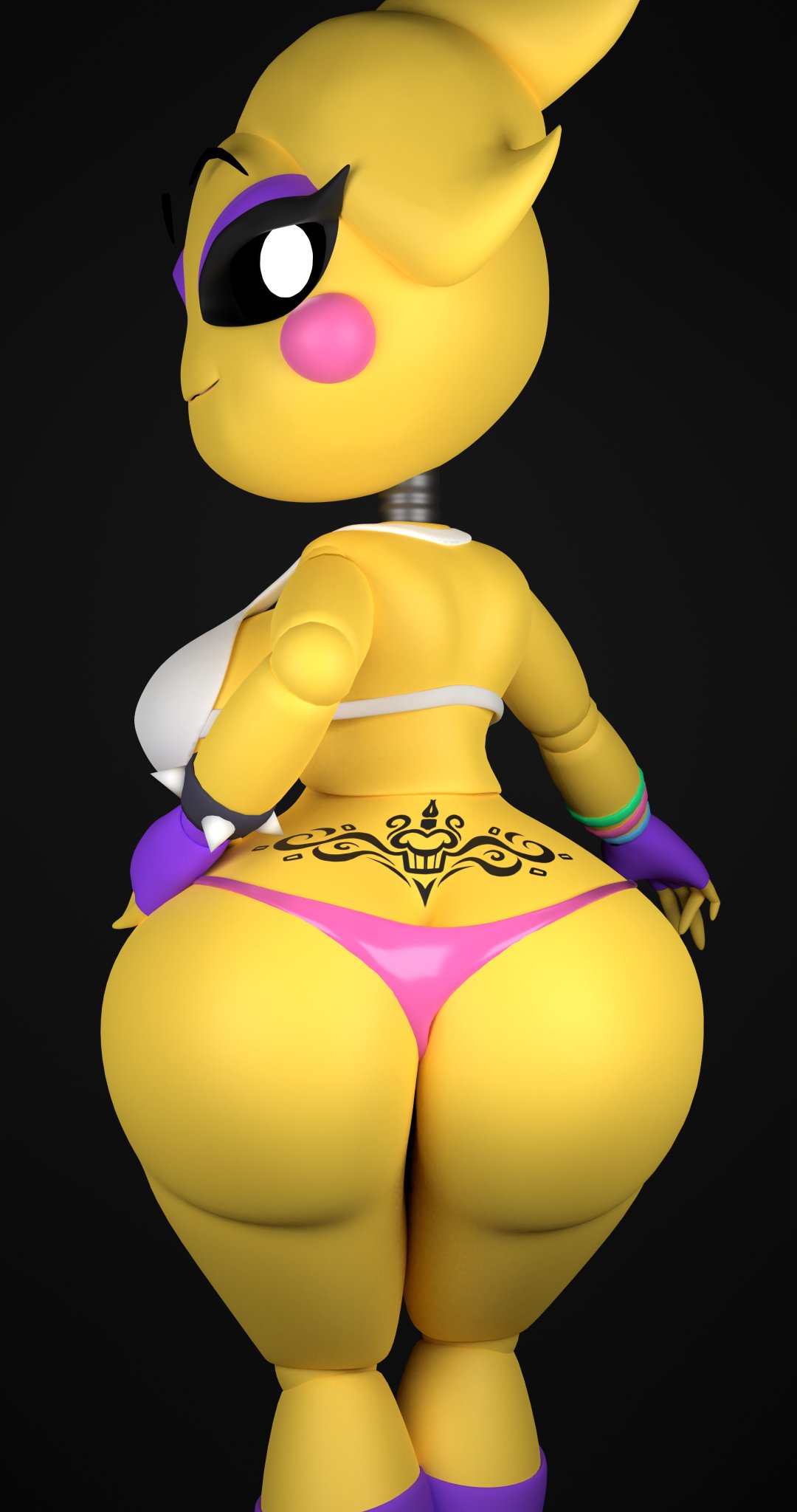 1girls, 3d, 3d (artwork), adri164, ass, big ass, big breasts, big butt, breasts, cleavage, eyebrows, eyelashes, eyeshadow, fat ass, female, female only, five nights at freddy's, five nights at freddy's 2, large ass, large breasts, looking at viewer, looking back, panties, pink panties, sideboob, solo, solo female, solo focus, tattoo, thick thighs, thighs, thong, toy chica (eroticphobia), toy chica (fnaf), yellow body, yellow skin