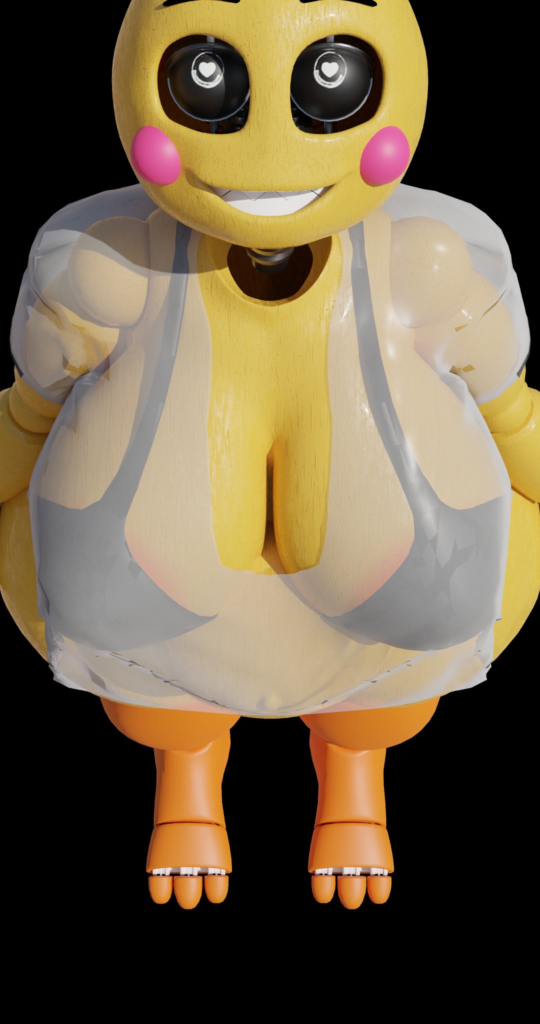 1girls, 3d, 3d (artwork), adri164, areolae, big breasts, black background, blush, breasts, eyebrows, eyelashes, female, female only, five nights at freddy's, five nights at freddy's 2, fivesome, glowing eyes, heart-shaped pupils, large breasts, looking at viewer, nipple bulge, nipple outline, nipples, orange nipples, pregnant, pregnant belly, pregnant female, see-through, see-through clothing, sharp teeth, shirt, solo, solo female, solo focus, toy chica (fnaf), toy chica (love taste), yellow body, yellow skin