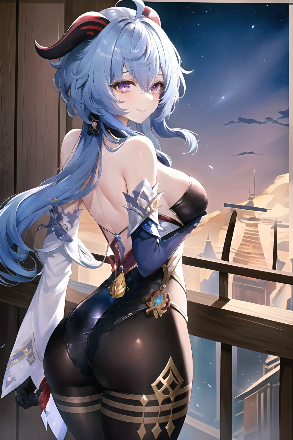 ahoge, ai generated, alternate costume, ass, bare shoulders, big ass, big butt, blue hair, blush, breasts, bubble ass, bubble butt, cameltoe, detached sleeves, elbow gloves, female, from behind, ganyu (genshin impact), genshin impact, gloves, goat horns, horns, huge ass, leotard, long hair, looking at viewer, medium breasts, pantyhose, purple eyes, pussy, shiny, shiny clothes, shiny hair, shiny skin, sideboob, smile, solo, thick thighs, very long hair