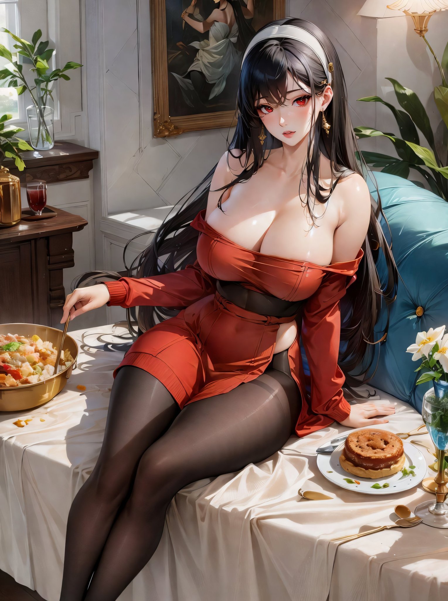 1girls, ai generated, black hair, breasts, female, female only, huge breasts, long hair, mature female, red hair, solo, spy x family, stable diffusion, yor briar, yor forger