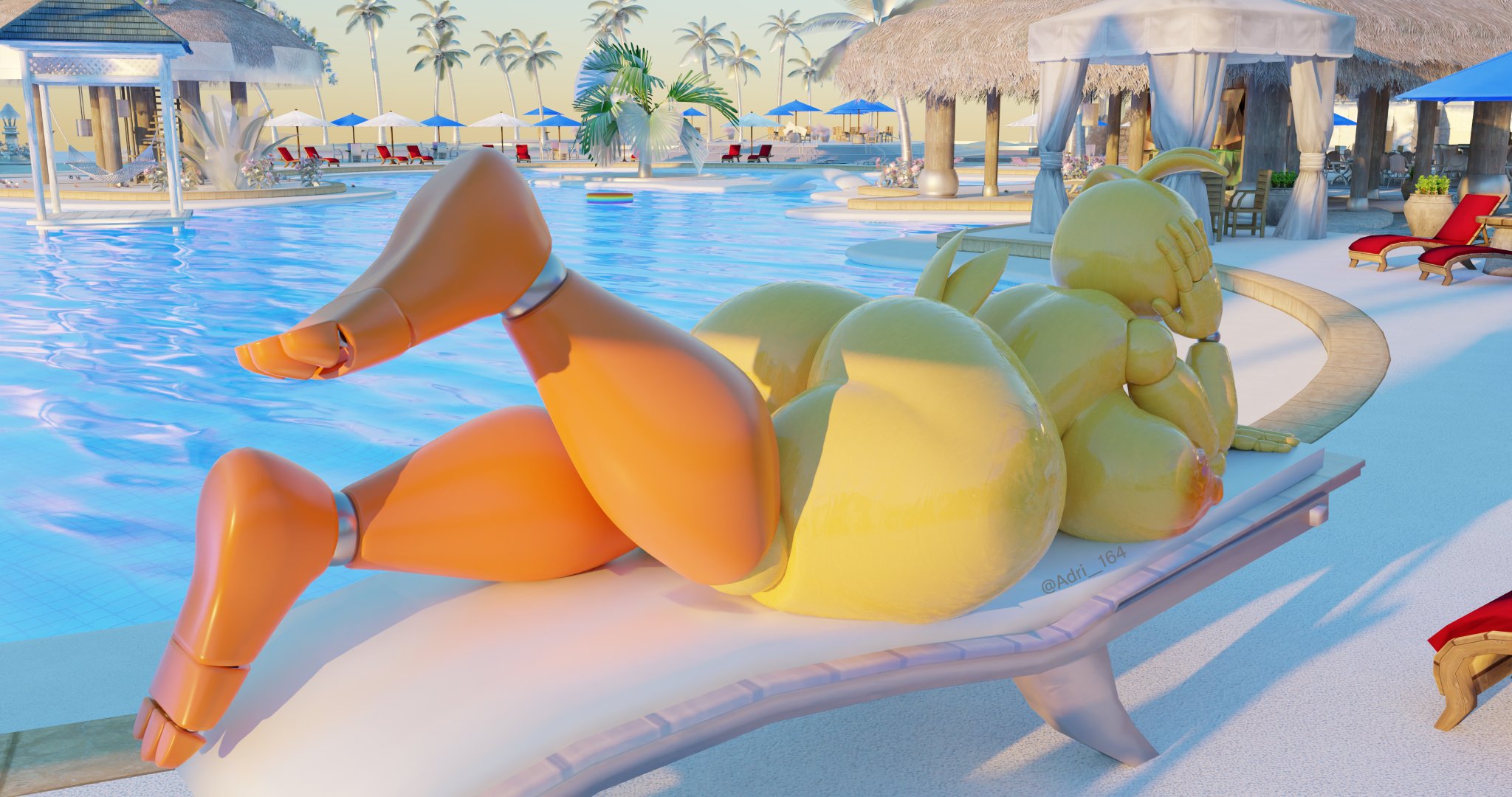 1girls, 3d, 3d (artwork), adri164, animatronic, ass, big breasts, breasts, fat ass, female, female only, five nights at freddy's, five nights at freddy's 2, joints, large ass, large breasts, laying down, laying on stomach, naked, naked female, nipples, nude, nude female, orange nipples, pool, poolside, solo, solo female, solo focus, tattoo, thick ass, thick thighs, thighs, toy chica (fnaf), toy chica (love taste), water, wide hips