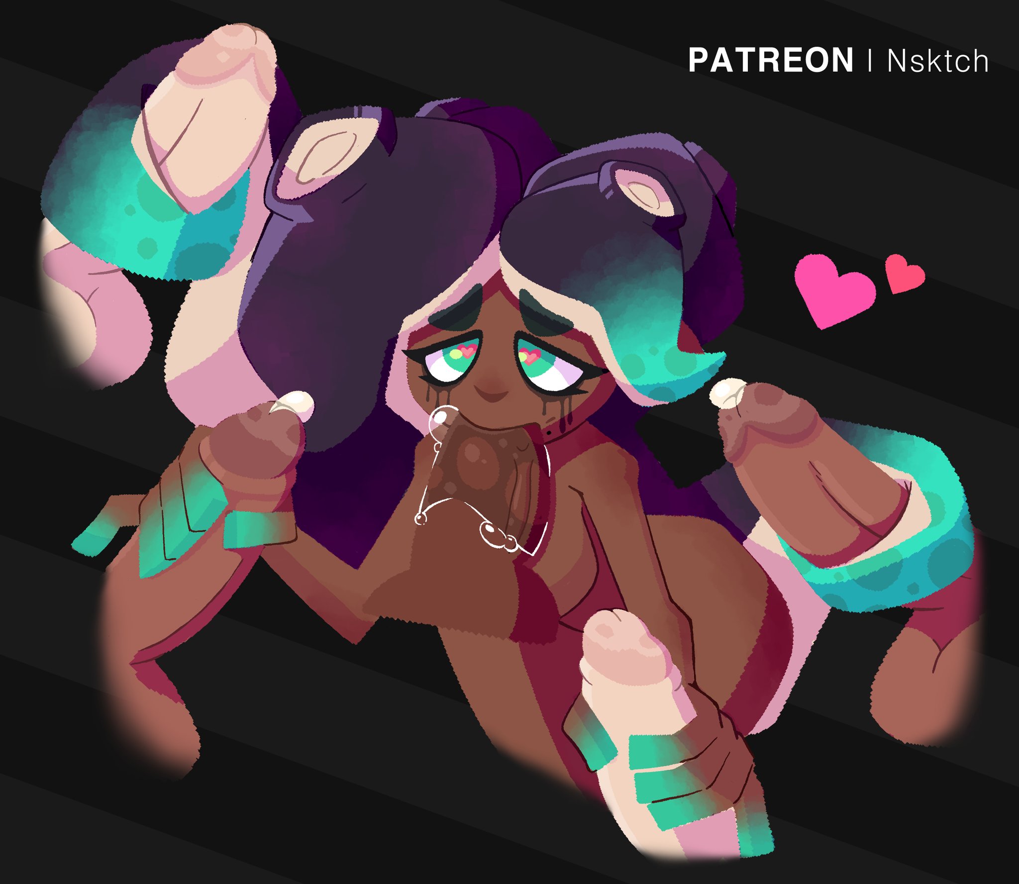 blowjob, dark skin, male, marina (splatoon), n sktch, off the hook (splatoon), penis, sloppy blowjob, splatoon, splatoon 2, tentacle, tentacle hair, tentacle on penis