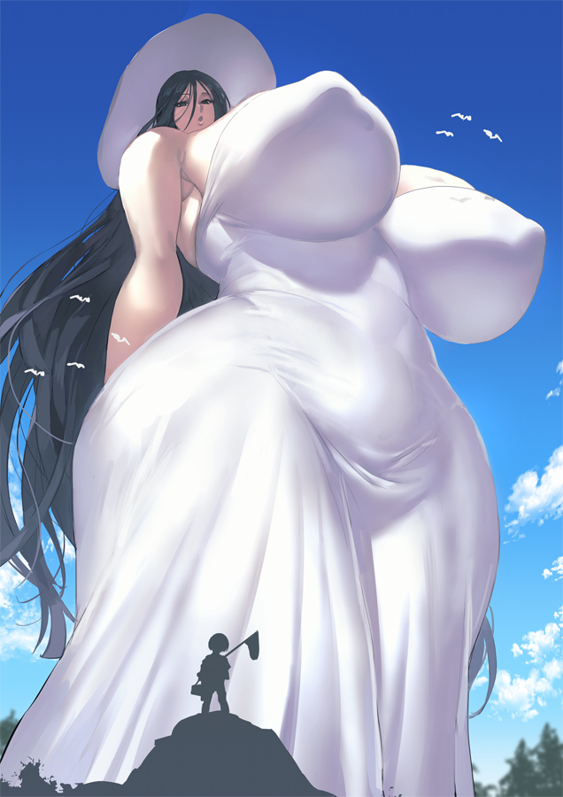 1girls big_breasts breasts female giantess hachishakusama hasshaku-sama huge_breasts japanese_mythology kisuu light-skinned_female light_skin long_hair low-angle_view macro size_fetish