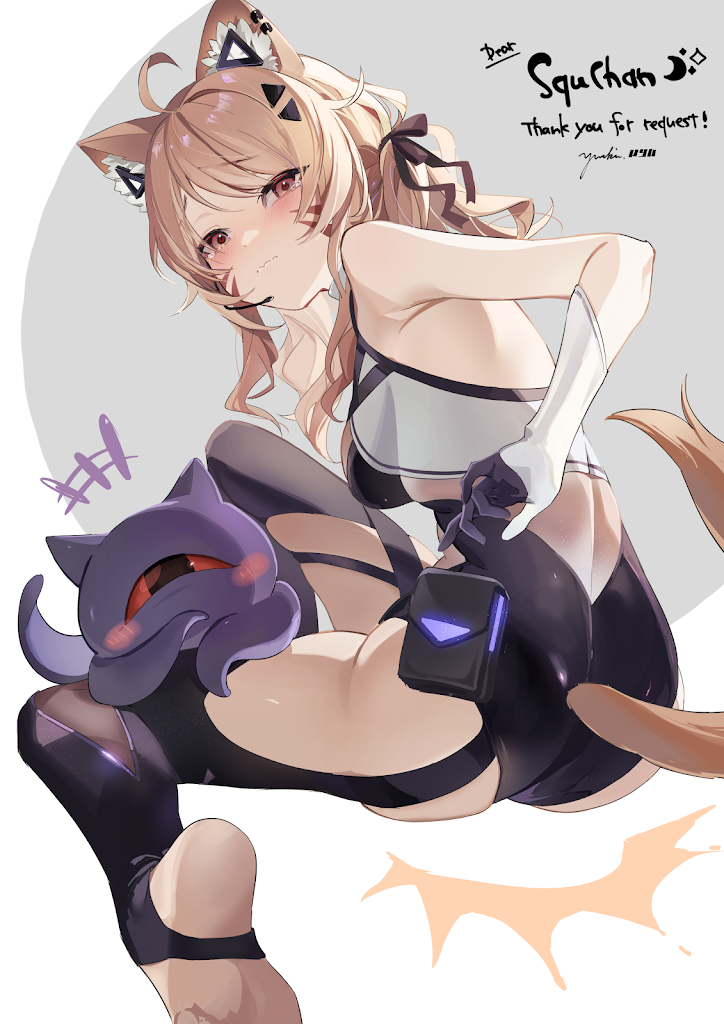 1girl ahoge animal_ears armpits ass bare_shoulders barefoot black_gloves black_legwear blonde_hair blush breasts brown_eyes brown_hair cat_ears cat_tail catgirl closed_mouth diagonal_stripes elbow_gloves face_markings feet female_only fingerless_gloves gloves hair_ribbon long_hair looking_at_viewer medium_breasts red_eyes ribbon soles squchan_(vtuber) stirrup_legwear striped tail thighhighs toeless_legwear toes twintails virtual_youtuber vyugen