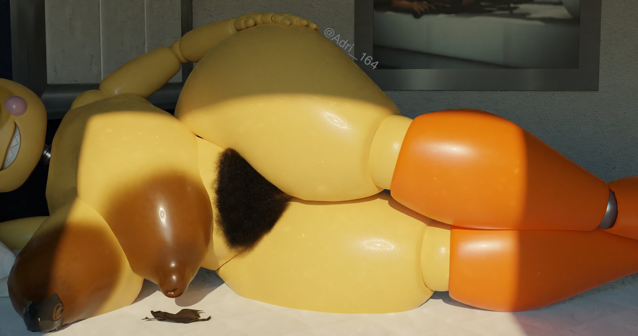 1girls, 3d, 3d (artwork), adri164, animatronic, breasts, brown nipples, excessive pussy hair, female, female only, five nights at freddy's, five nights at freddy's 2, gilf toy chica, hairy pussy, huge breasts, joints, large breasts, laying down, mojamuto, naked, naked female, nude, nude female, pubic hair, pussy, sharp teeth, solo, solo female, solo focus, thick thighs, thighs, toy chica (fnaf), toy chica (love taste), wide hips, yellow body, yellow skin